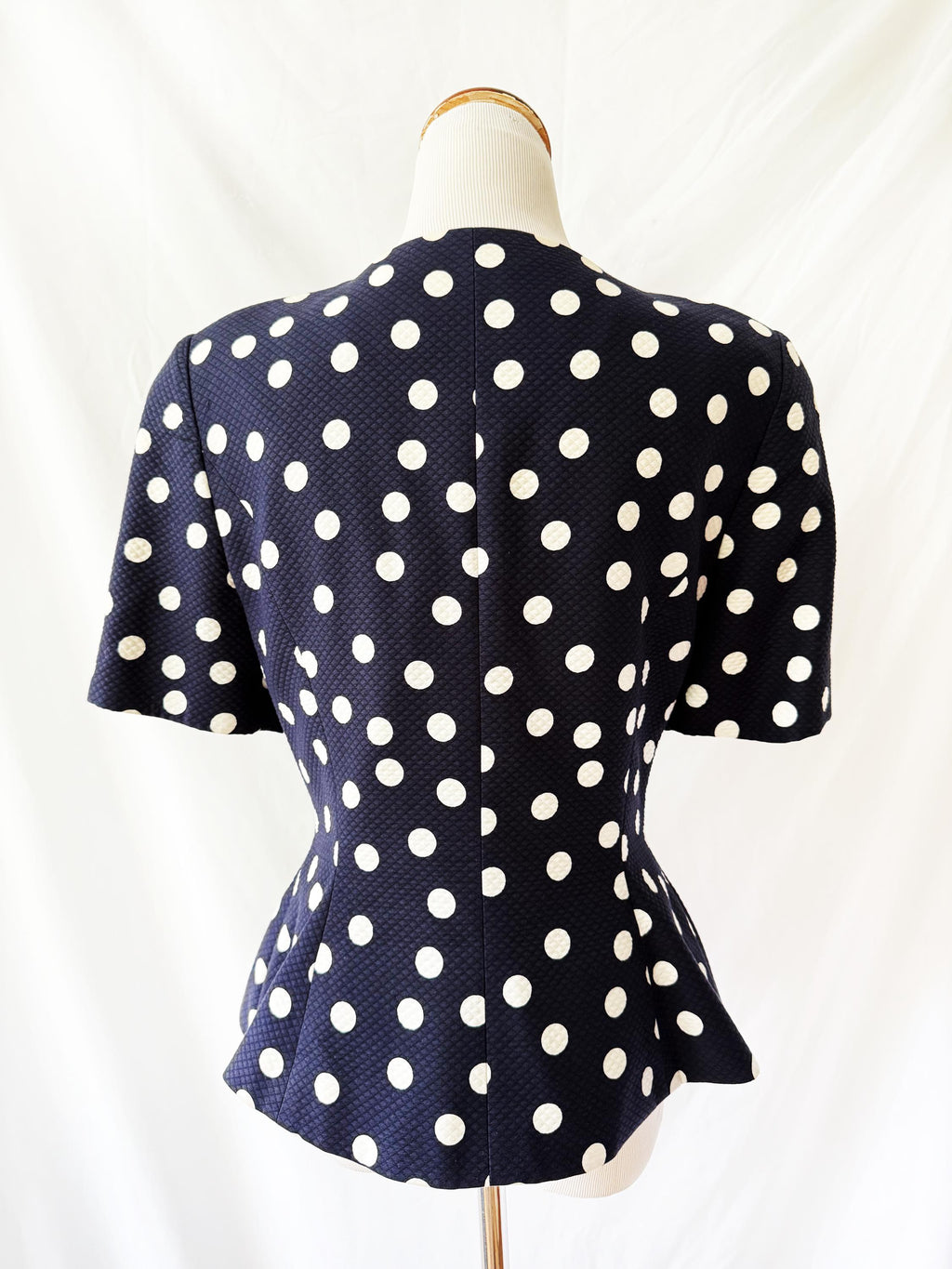 Albert Nipon Navy Blue Polka Dot Short Sleeve Blazer Blouse Medium