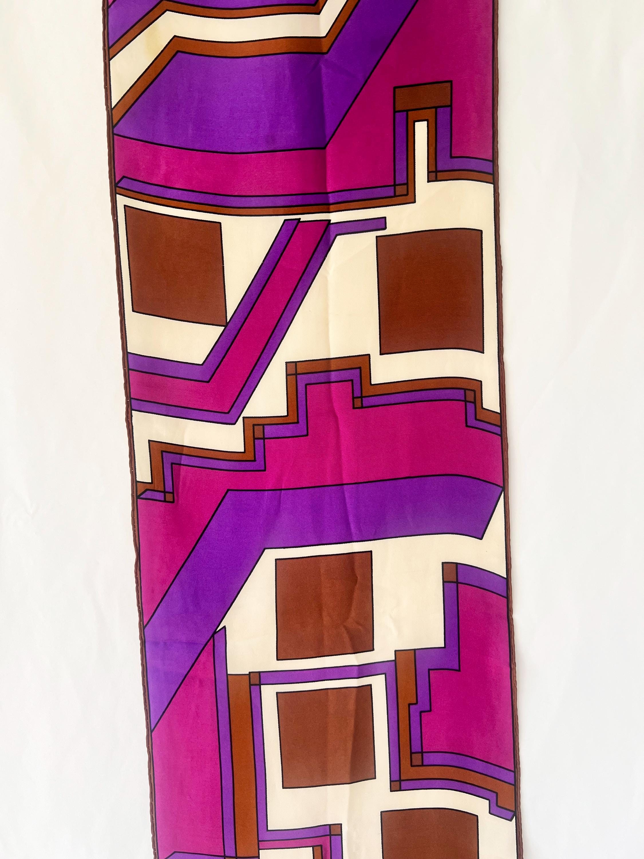 Vintage 1960s Geometric Silk Scarf: Purple, Brown & White