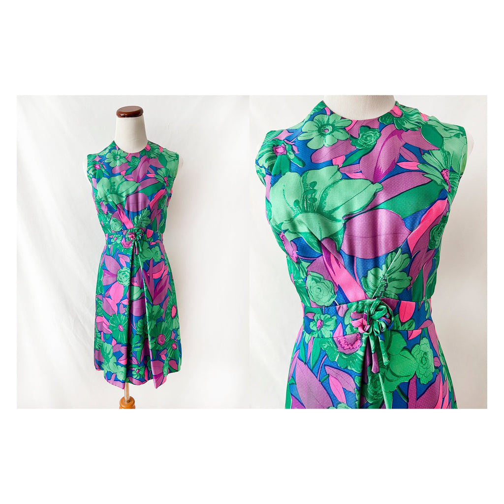 vntg 60s silk dress / floral colorful shift dress/m cinch waist / small
