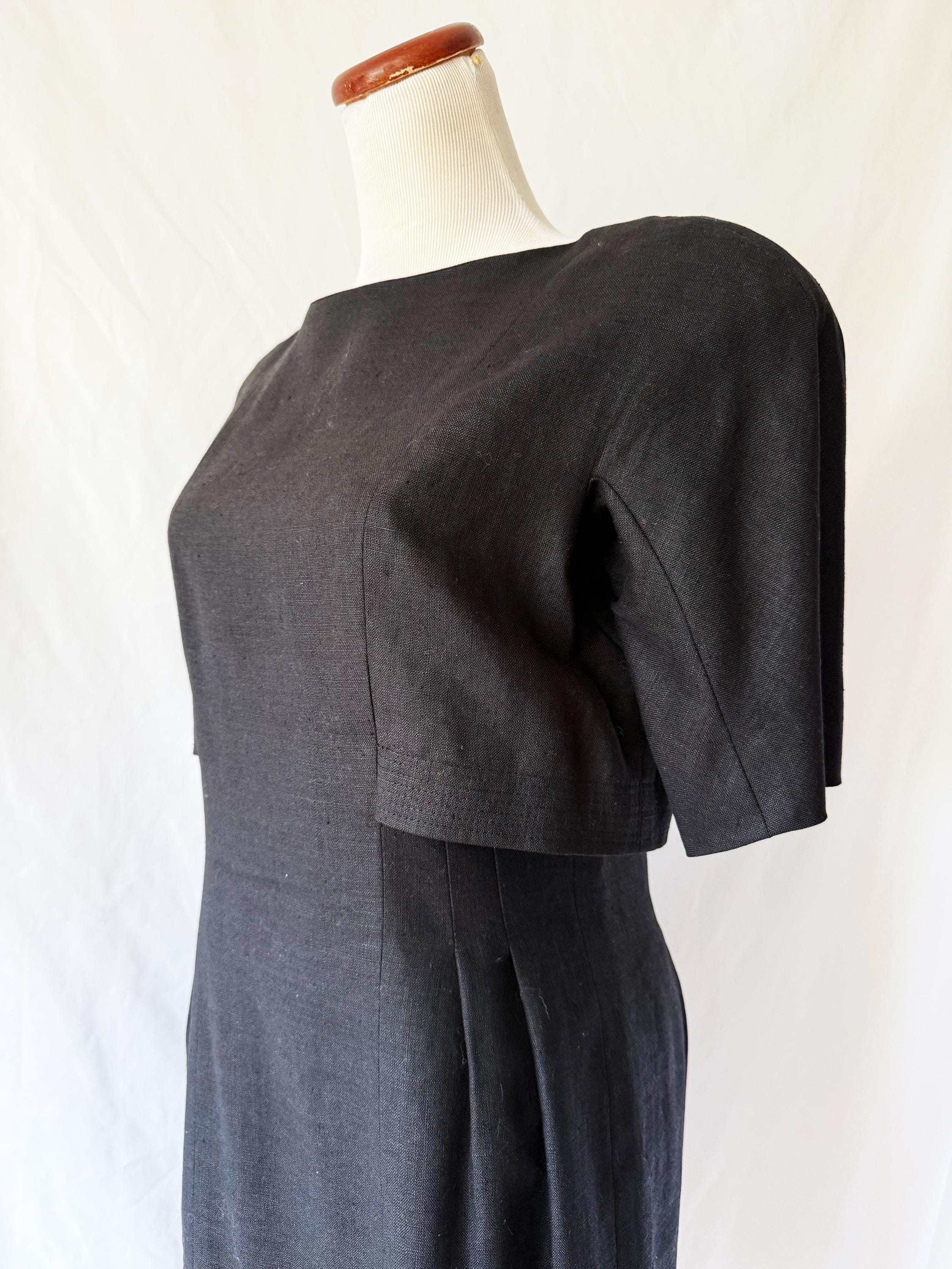 Vintage 1980s Ronnie Heller Black Linen Crop Top Dress Medium