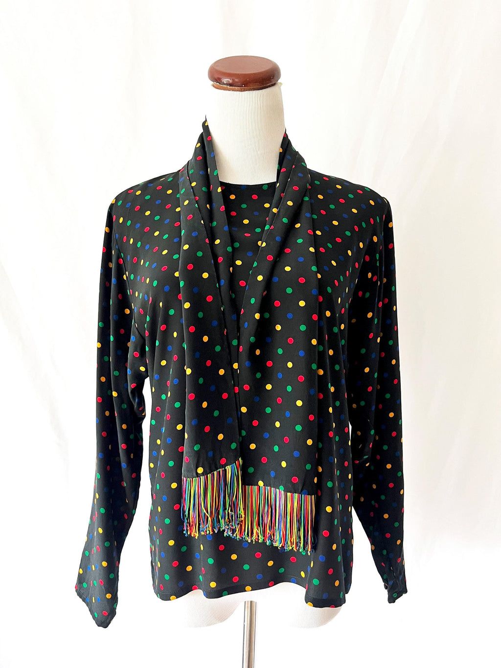 Vintage Jaeger Silk Blouse: 1980s Polka Dot with Fringe Sash, Small