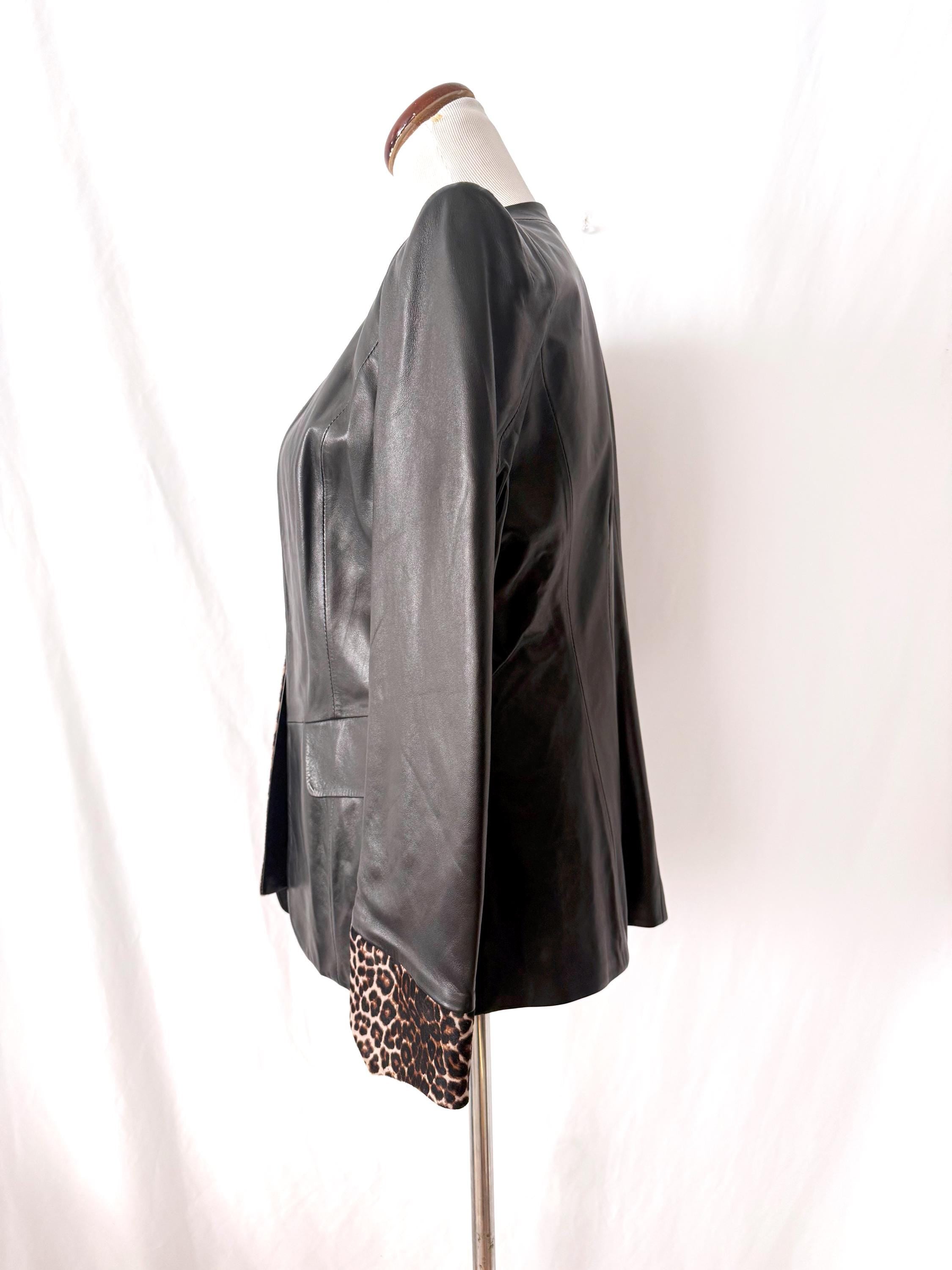 vintage black leather blazer jacket with snake skin trim