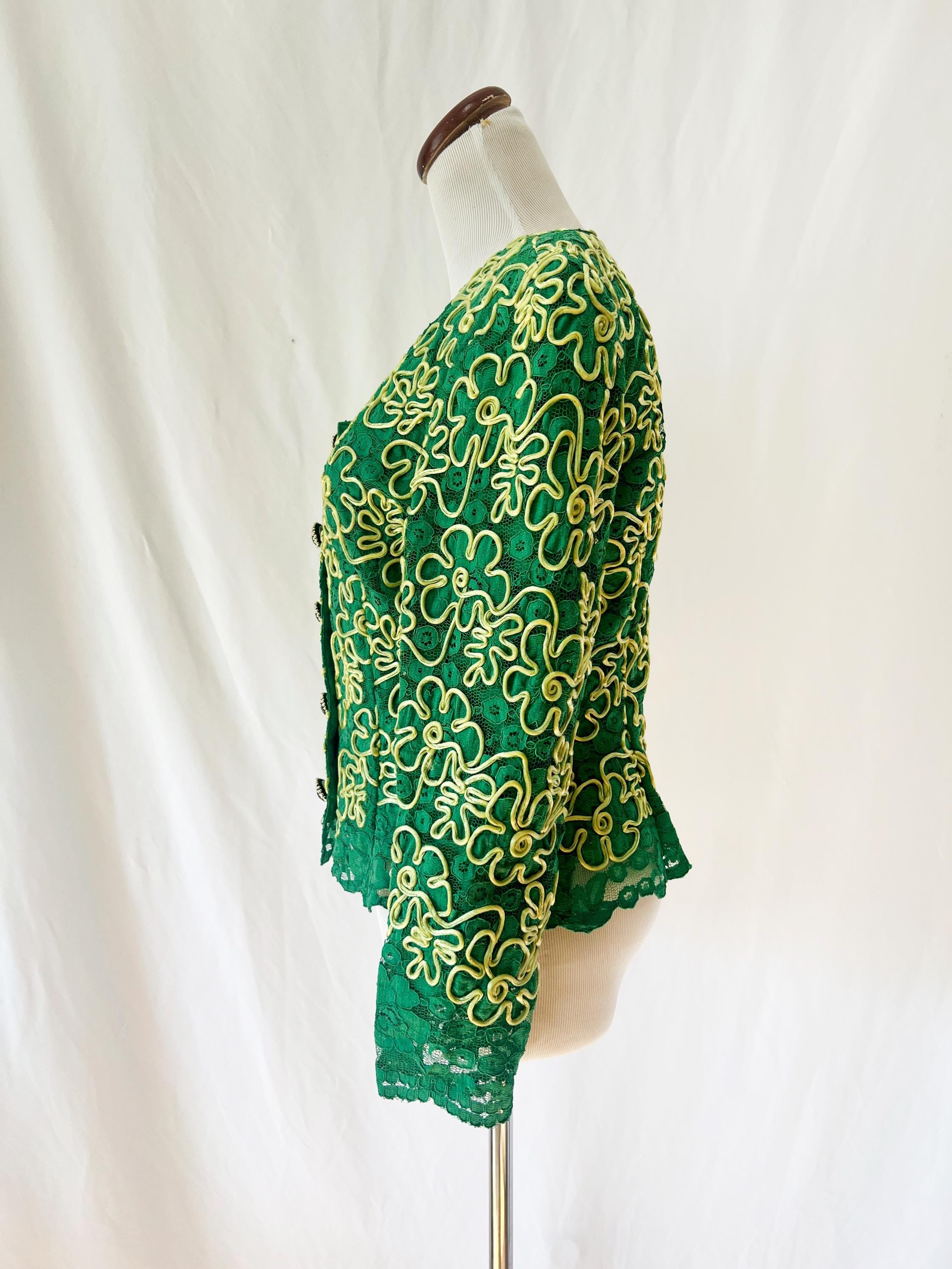 1970s Italian couture green and yellow lace jacket with rhinestone buttons small
