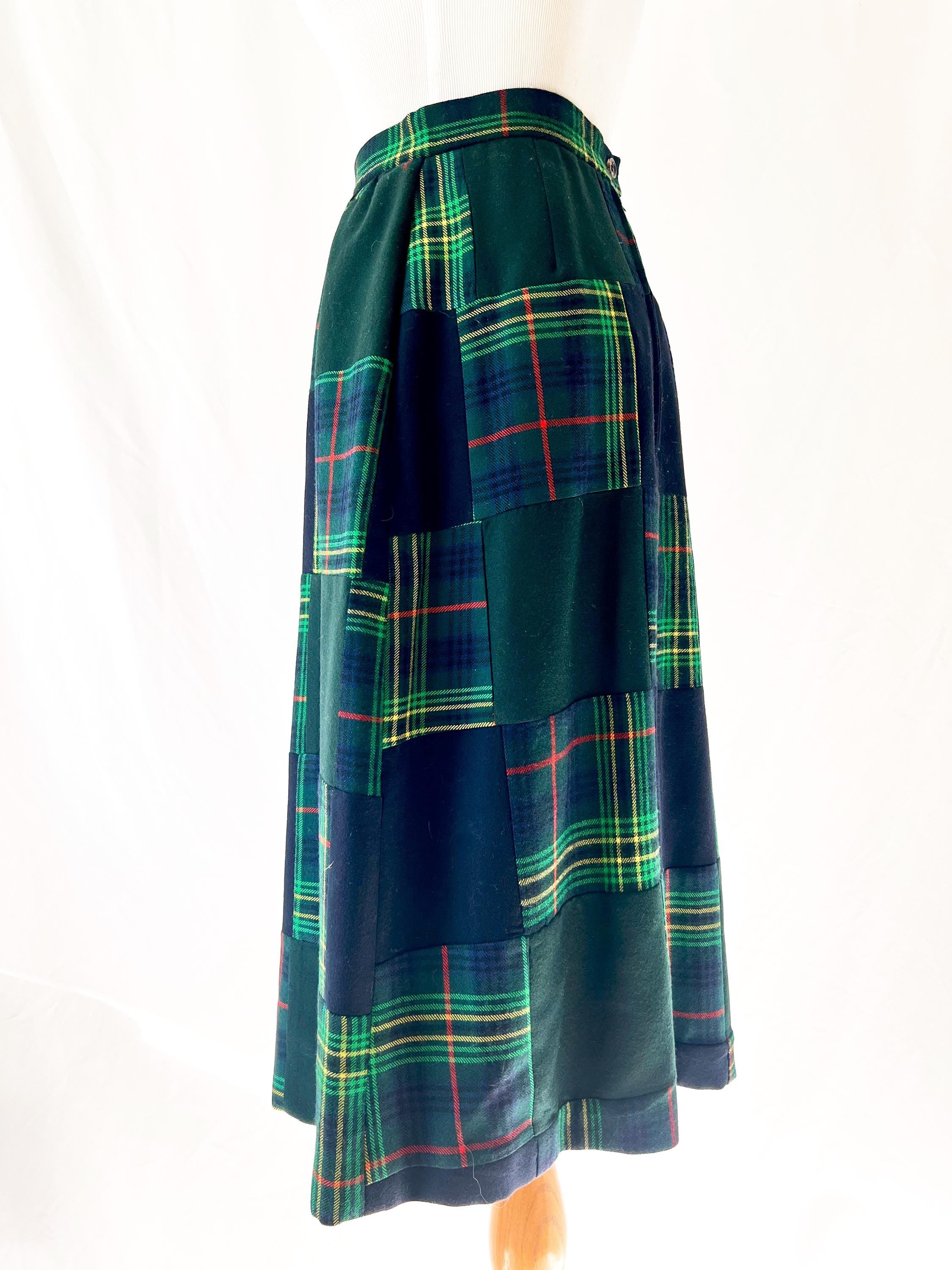 Vintage 1960s Tartan Plaid Wool Skirt: Patchwork Design, Size Small