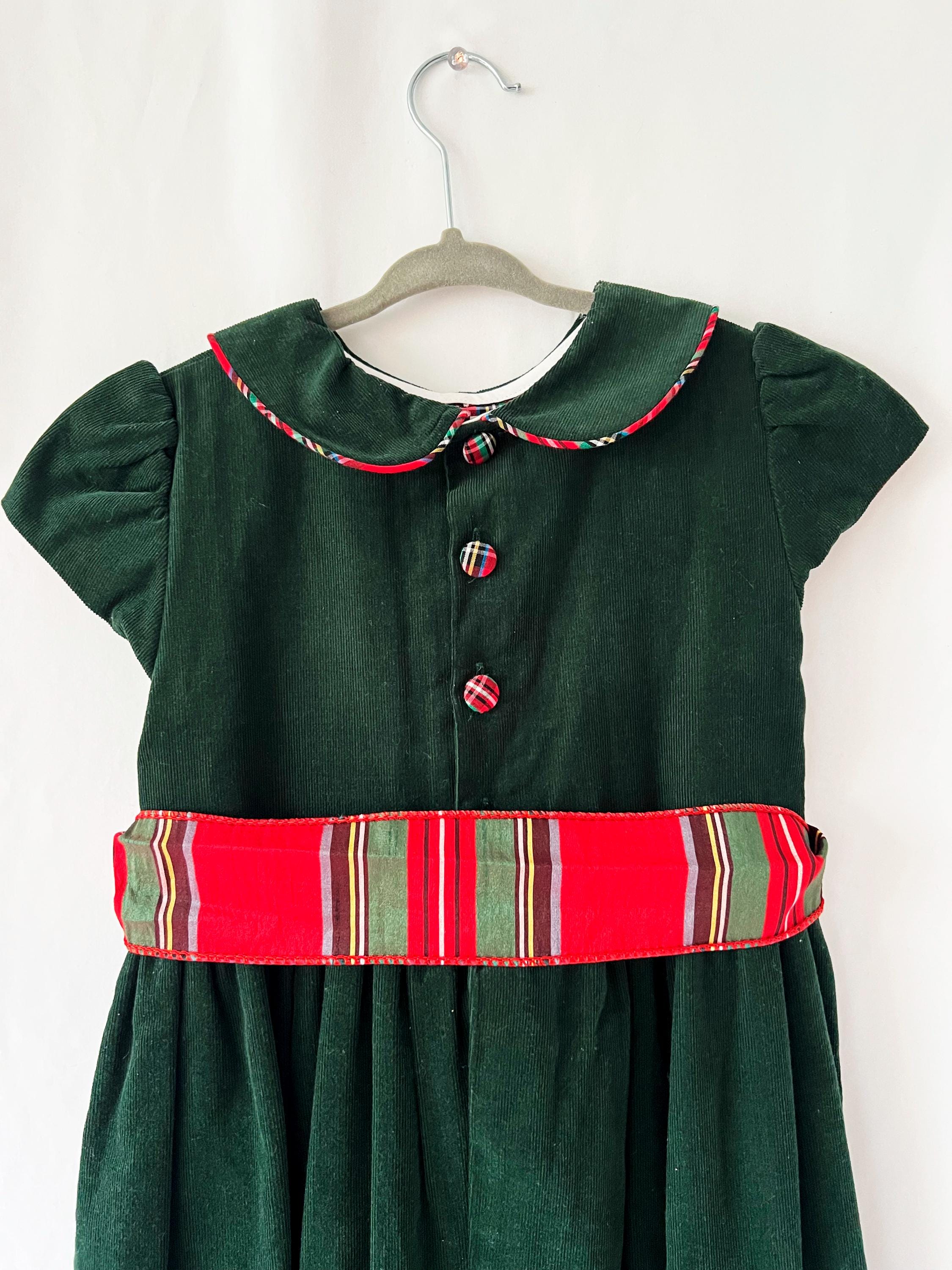 girls size 7 vintage dark green and tartan plaid dress / christmas dress