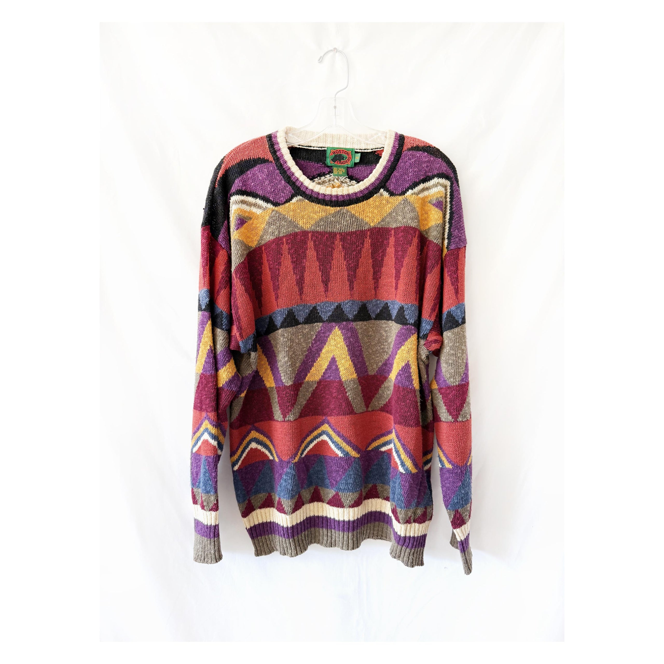 Vintage 90s Knit Sweater: Boston Trader Cotton Ramie Geometric Jumper