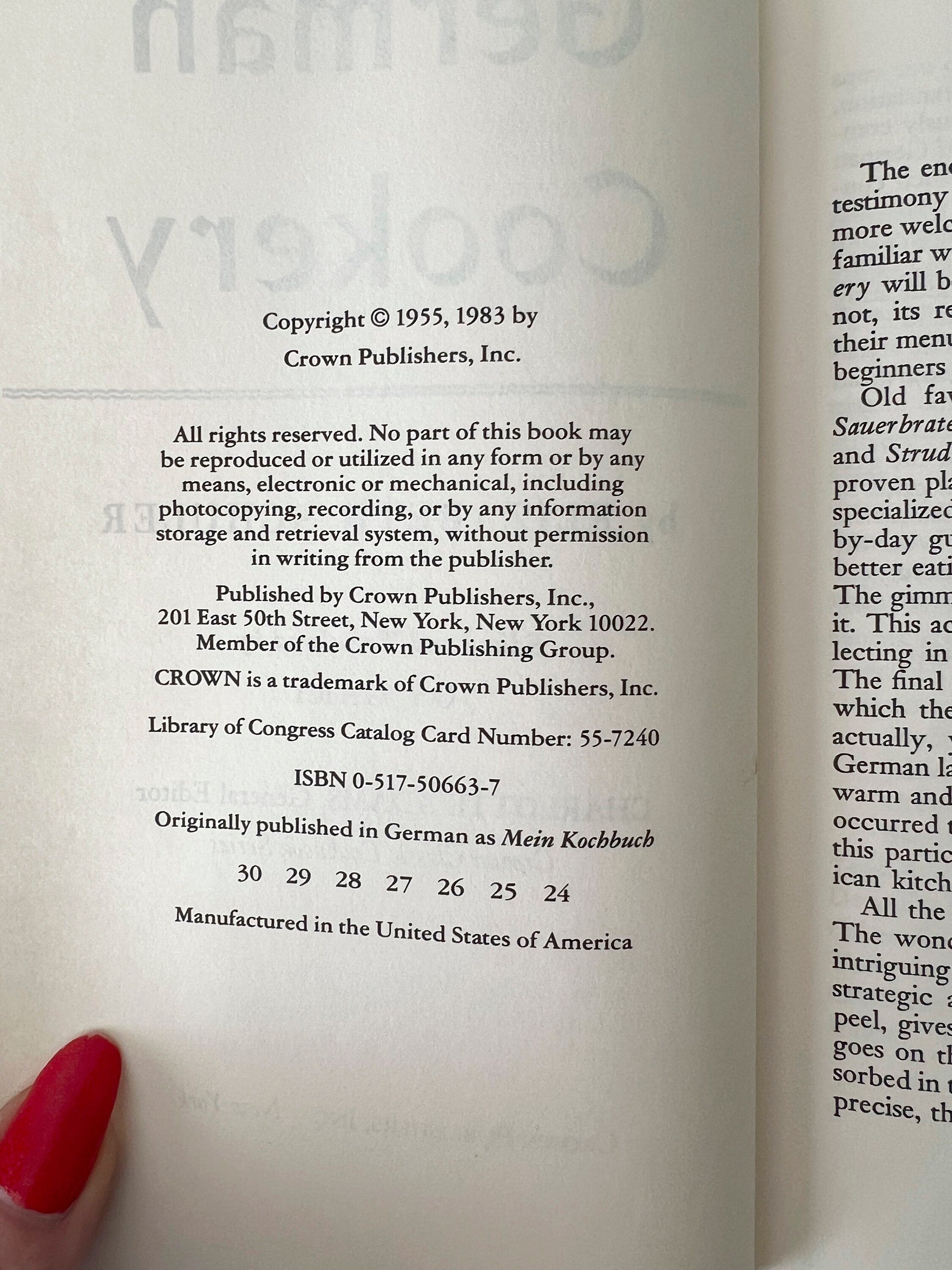 1983 German Cookery By Elizabeth Schuler & Translated By Joy Gary Hardcover Crown Publishers