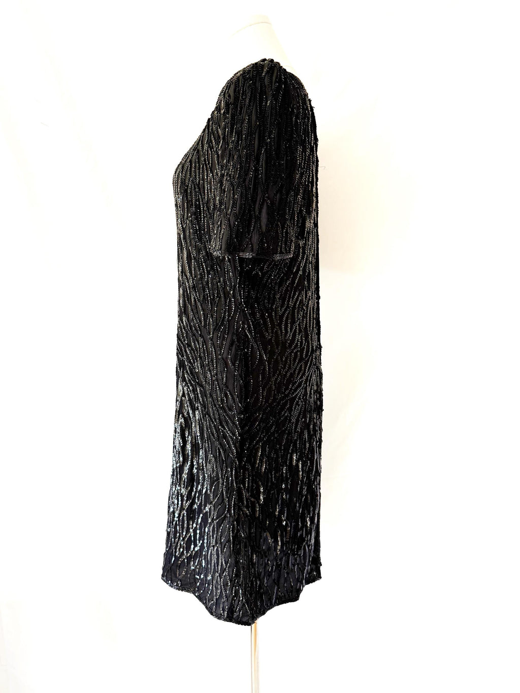 80s Beaded Silk Cocktail Dress: Laurence Kazar Black Sequin Flapper, Size Medium