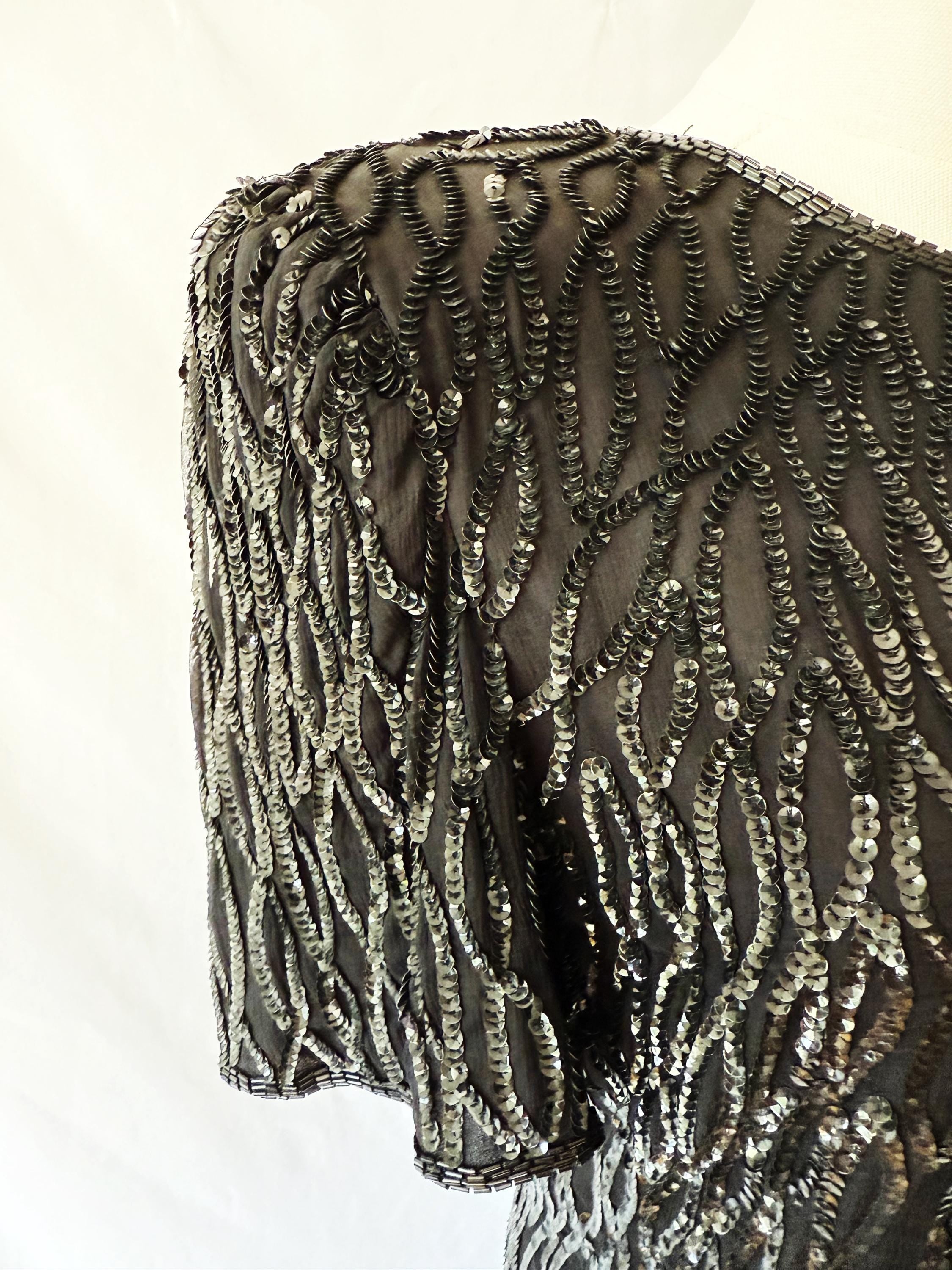 80s Beaded Silk Cocktail Dress: Laurence Kazar Black Sequin Flapper, Size Medium