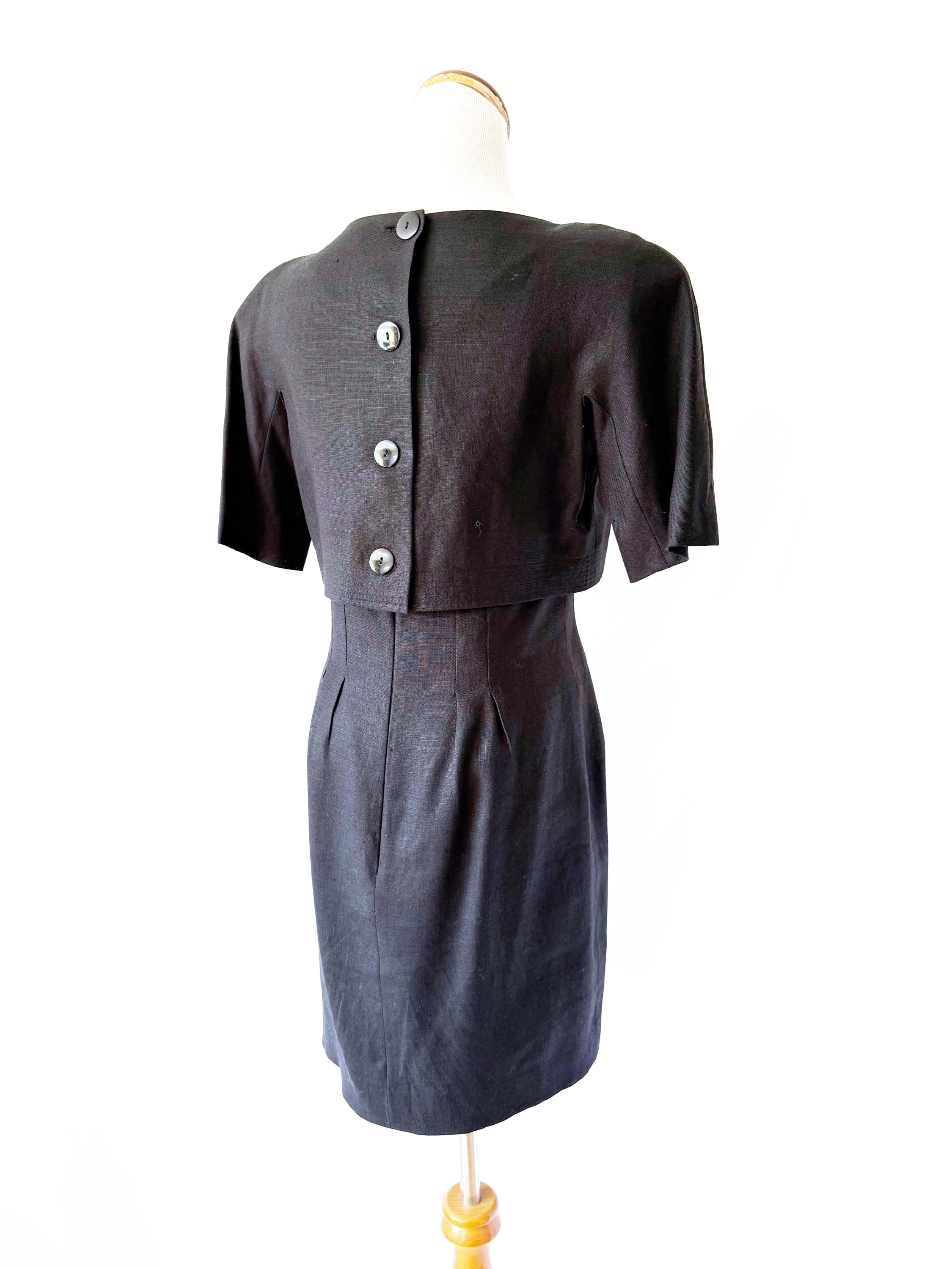 Vintage 1980s Ronnie Heller Black Linen Crop Top Dress Medium