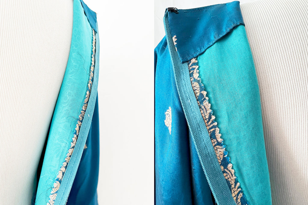 Vintage 70s Silk Gown: Turquoise Blue Embroidered Bell Sleeve Dress