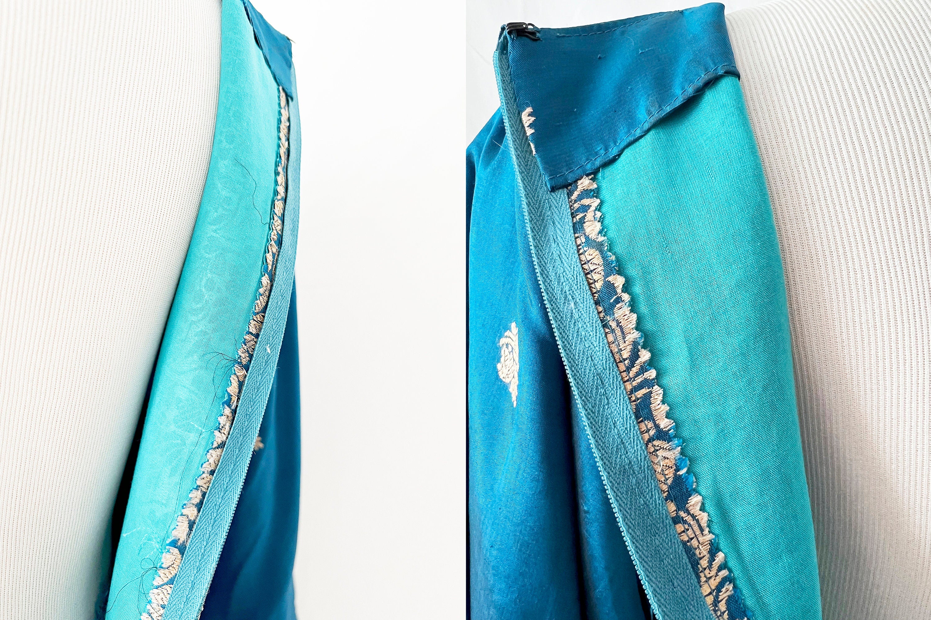 Vintage 70s Silk Gown: Turquoise Blue Embroidered Bell Sleeve Dress