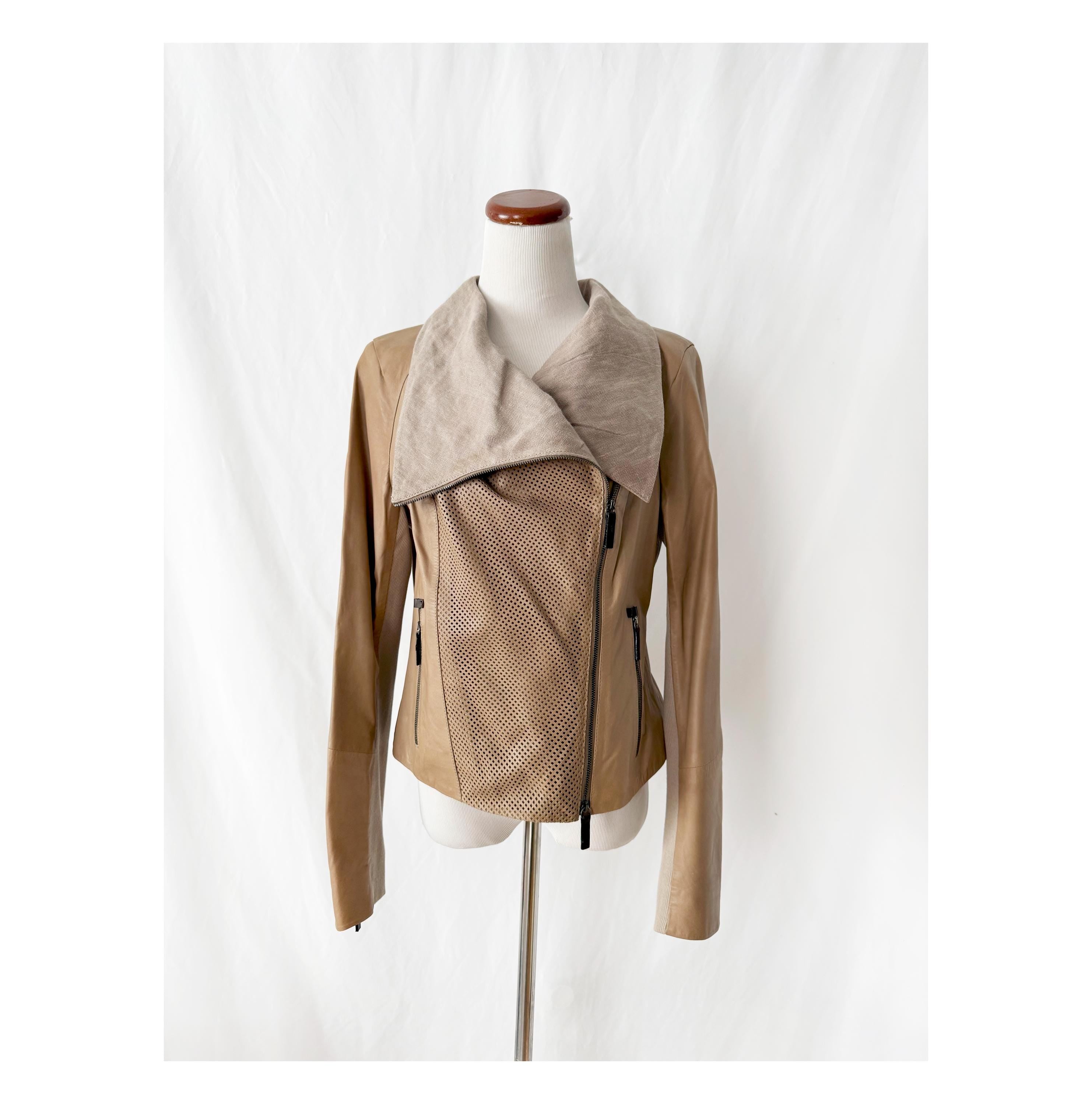 Leather Jacket with oversized Linen Collar Large