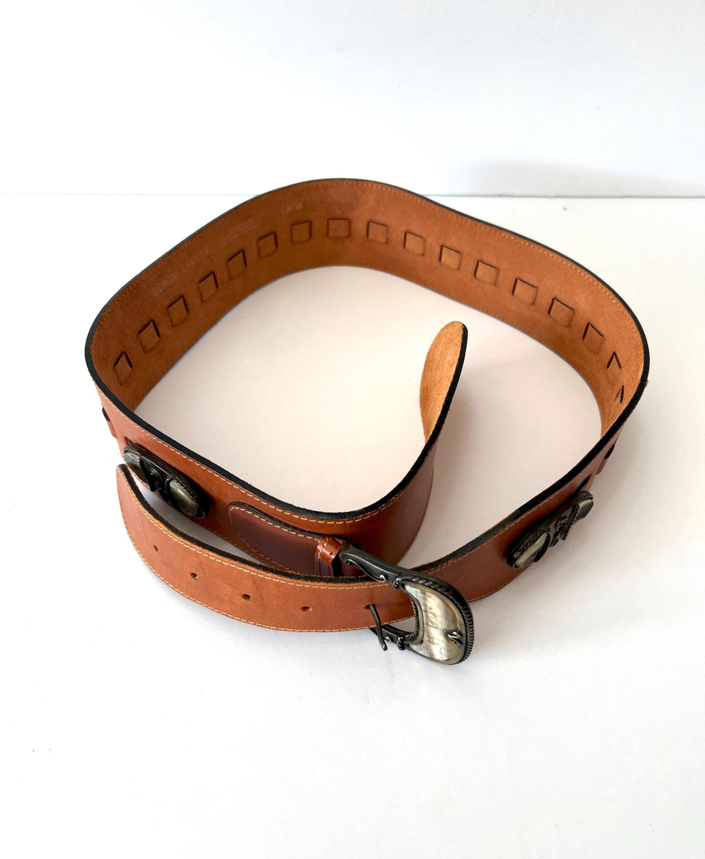 vintage wide belt stone metal and leather cinch belt / large