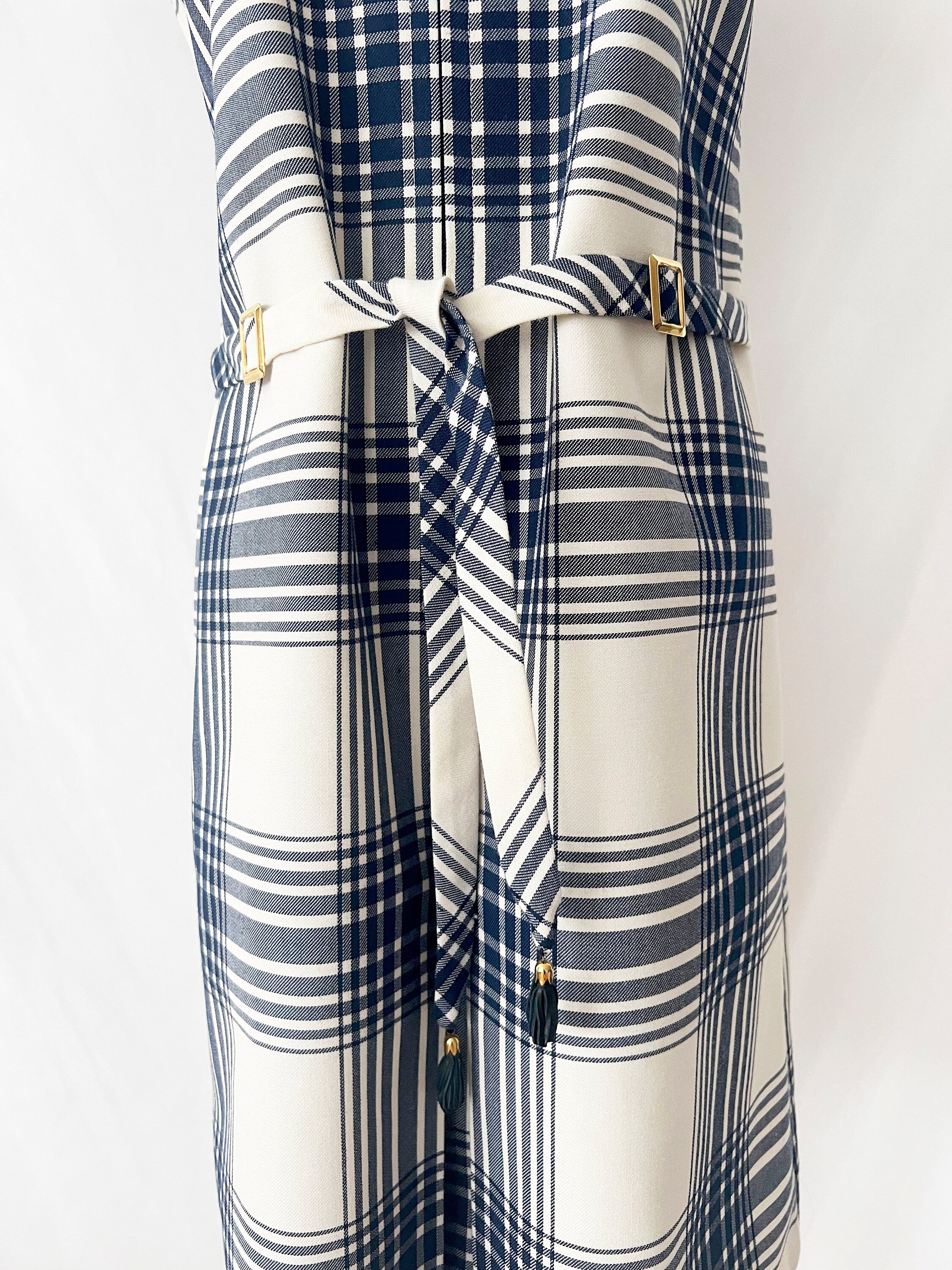 vintage 1960s plaid dress blue and white mod retro belted dress size 6