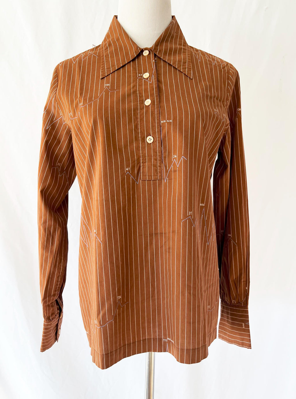 1970's Nik Nik Math Graph Half Button-down Shirt Brown Striped Blouse Small