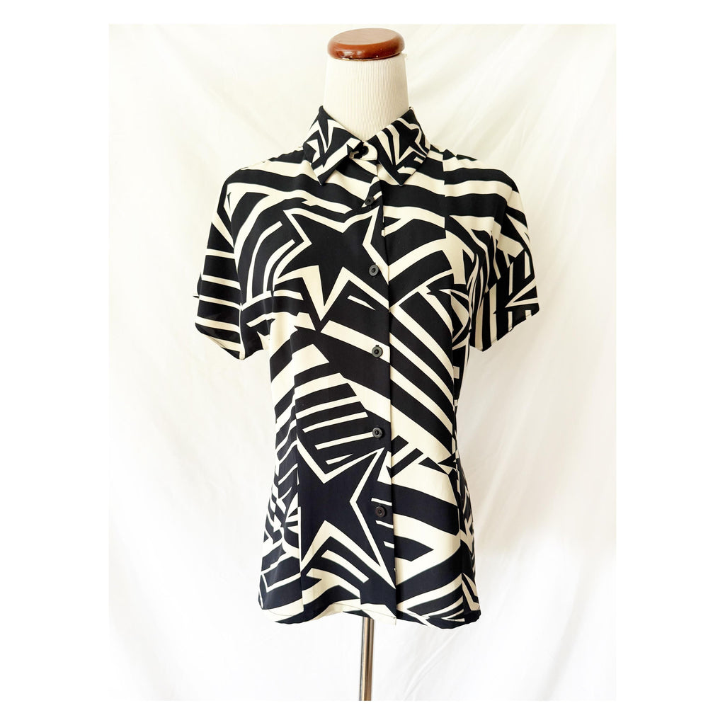 Rodier Navy Blue and  White Star Abstract Button Down Top Blouse sz 8