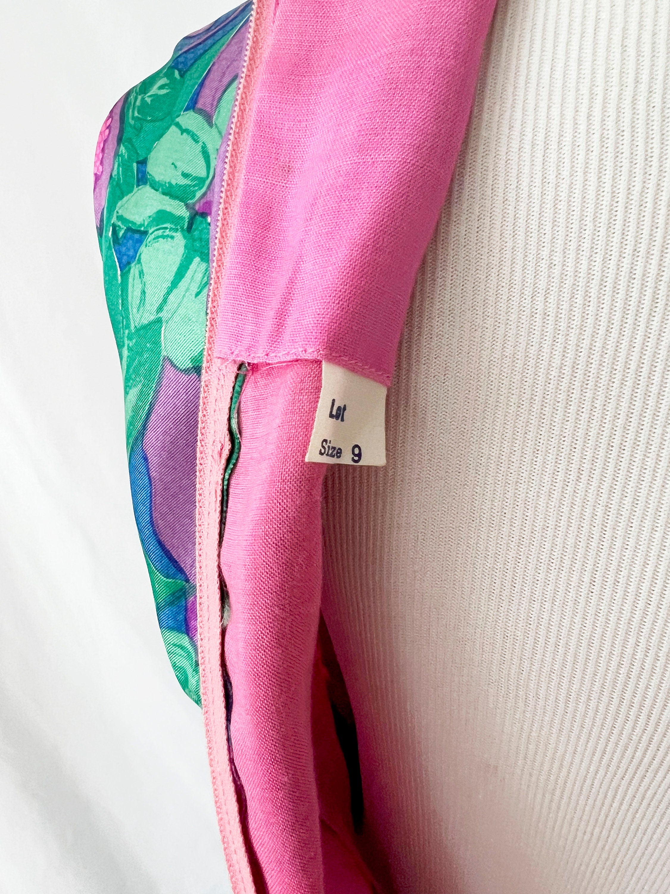 vntg 60s silk dress / floral colorful shift dress/m cinch waist / small