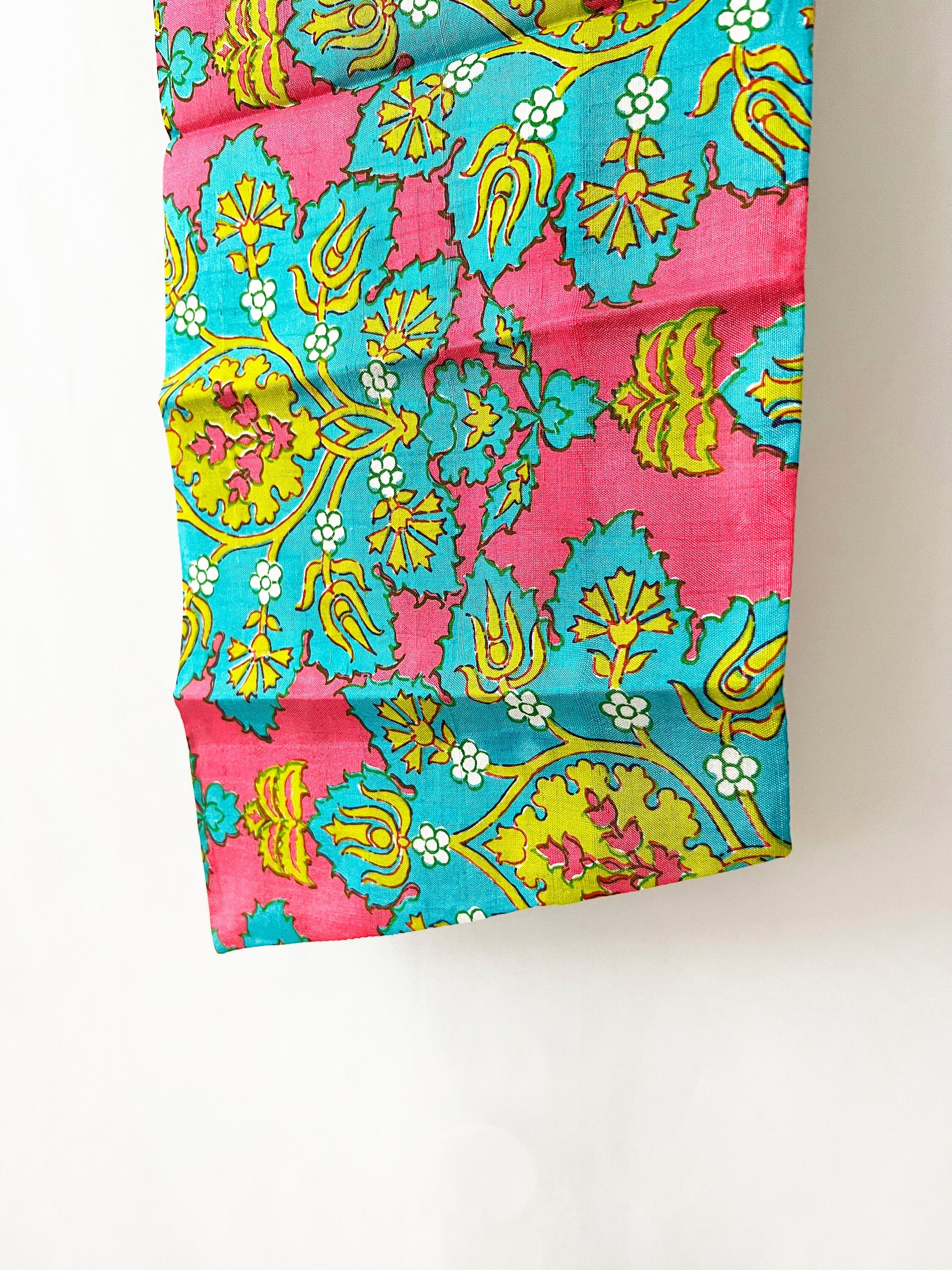 Psychedelic Vintage 1960s Silk Scarf Thai Silk Lime Green and Hot Pink