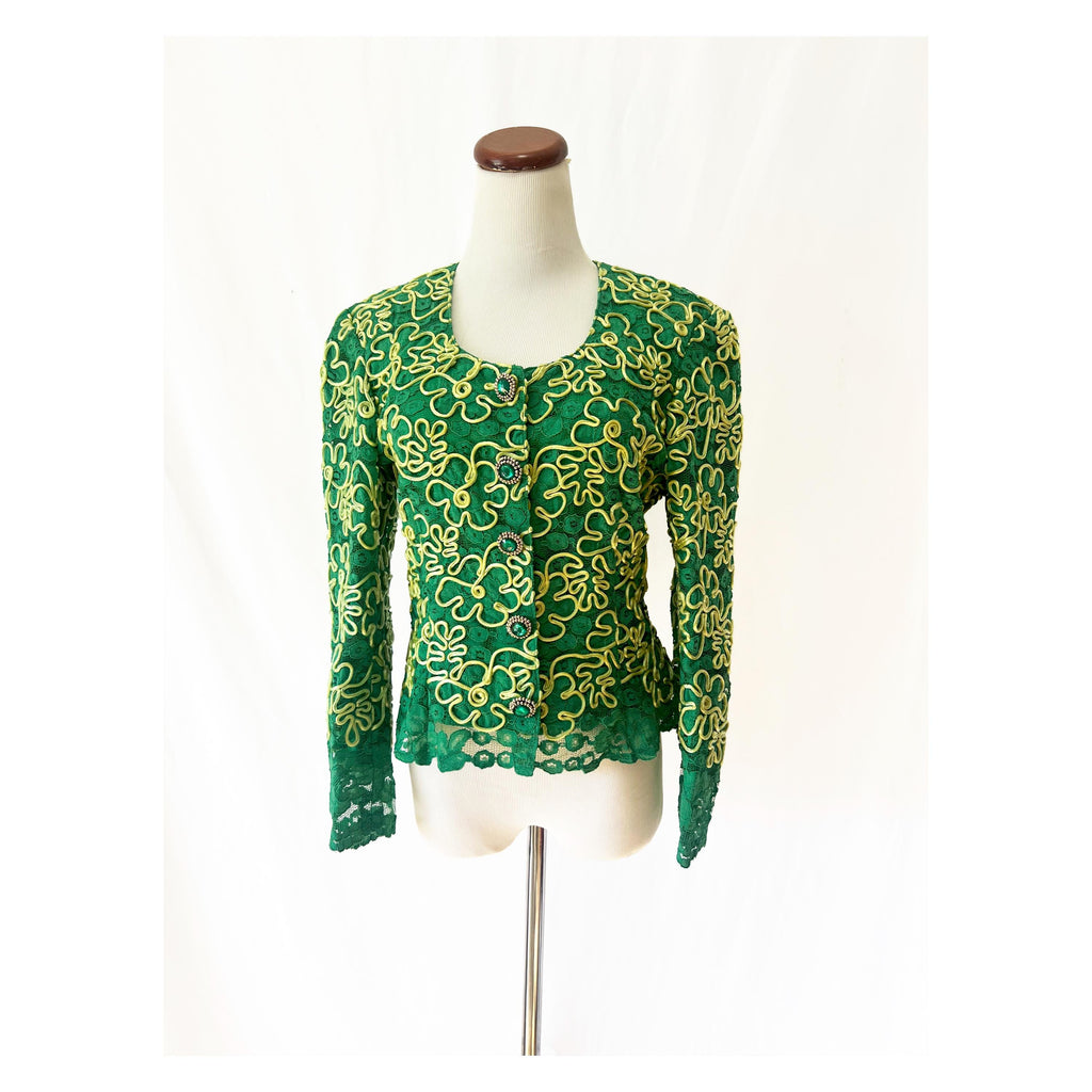 1970s Italian couture green and yellow lace jacket with rhinestone buttons small