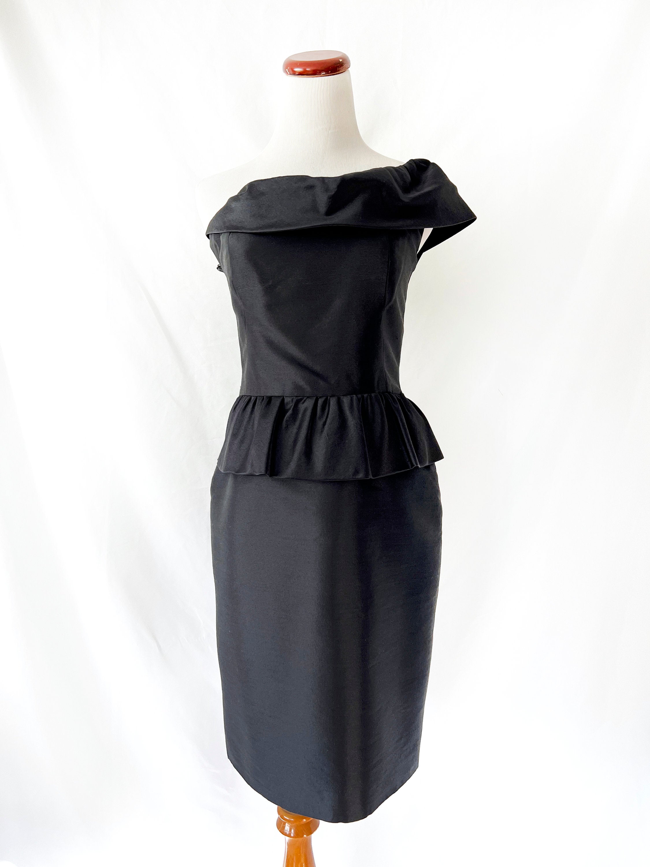 Vintage Black Silk Peplum Cocktail Dress - One Shoulder, Size Small