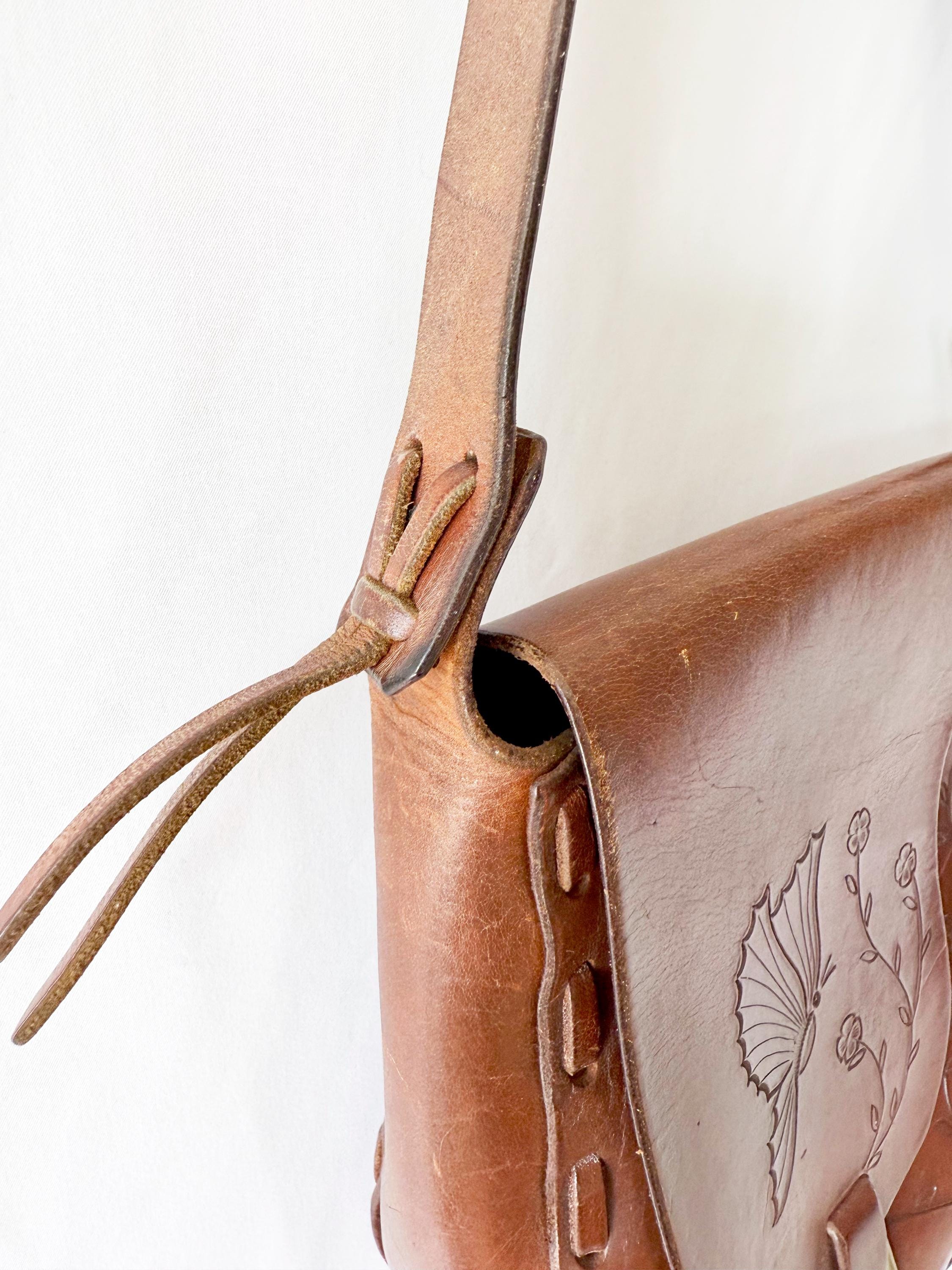 Vntg 60s Tooled Leather Purse Butterfly and Flowers
