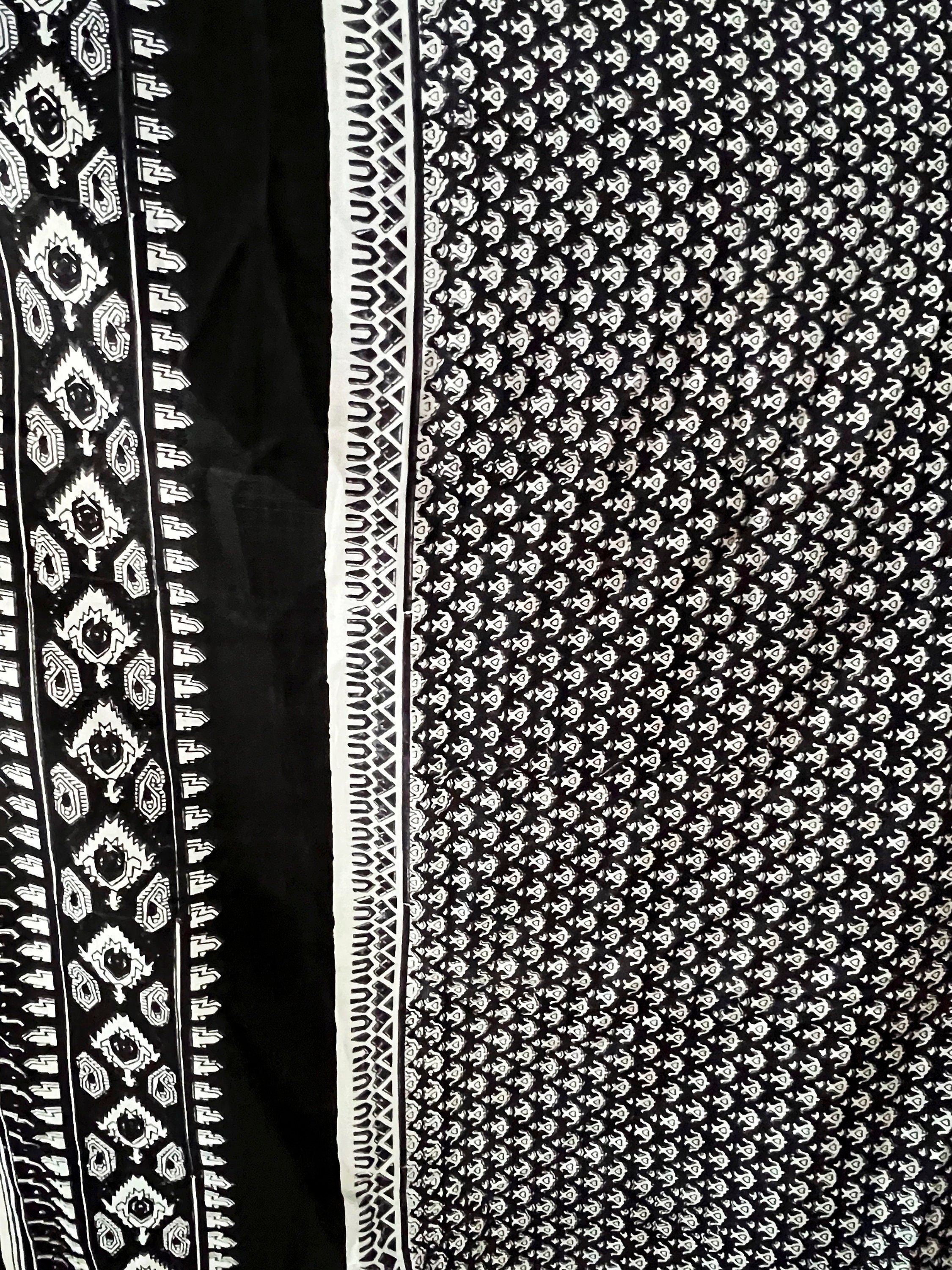 Vintage Indian Silk Fabric: Black & White Abstract Floral, 5 Yards