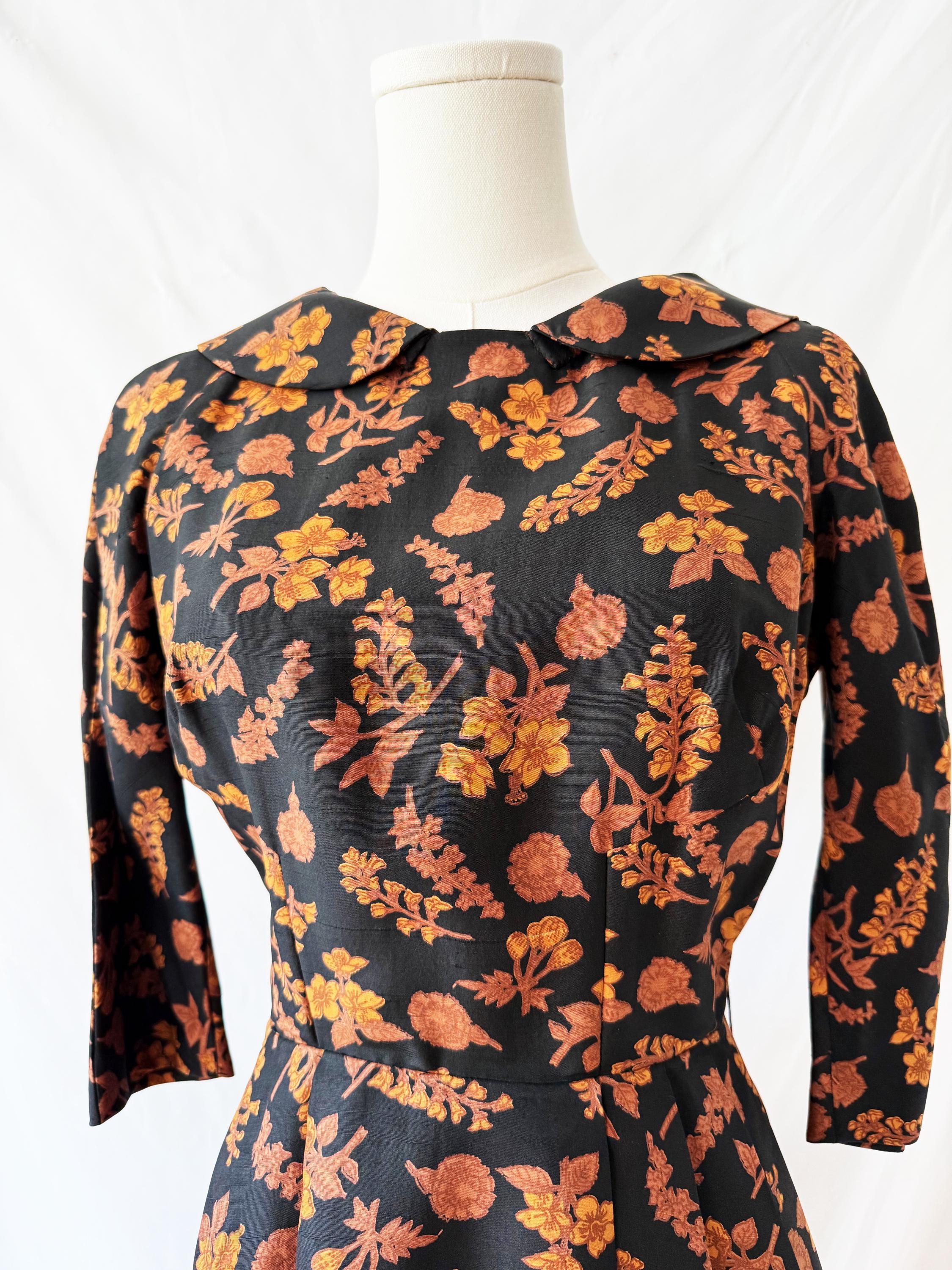 Vintage 1950s Autumn Leaves Silk Midi Dress Small