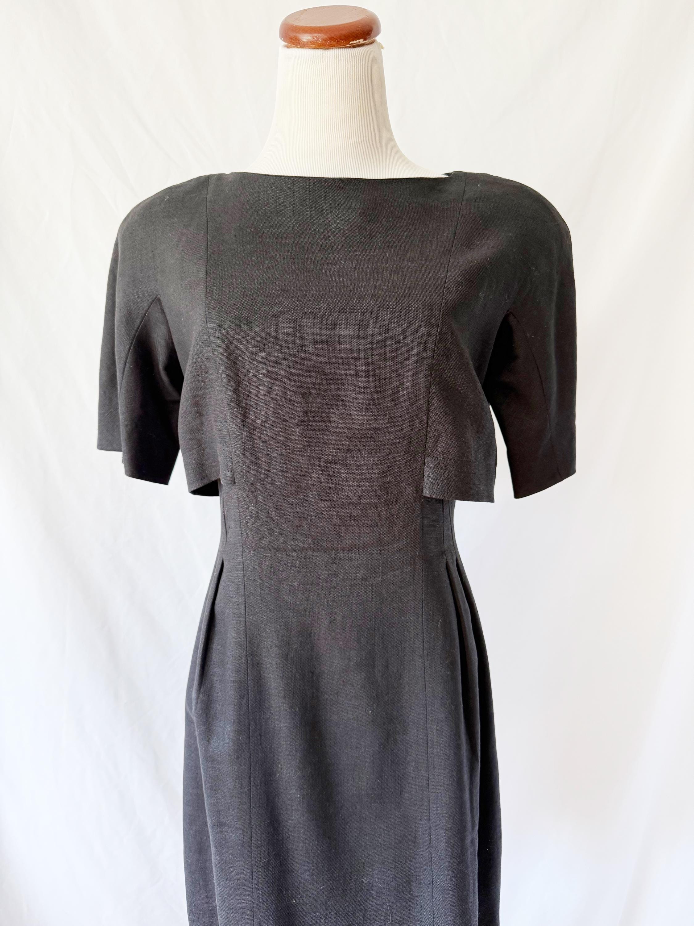 Vintage 1980s Ronnie Heller Black Linen Crop Top Dress Medium