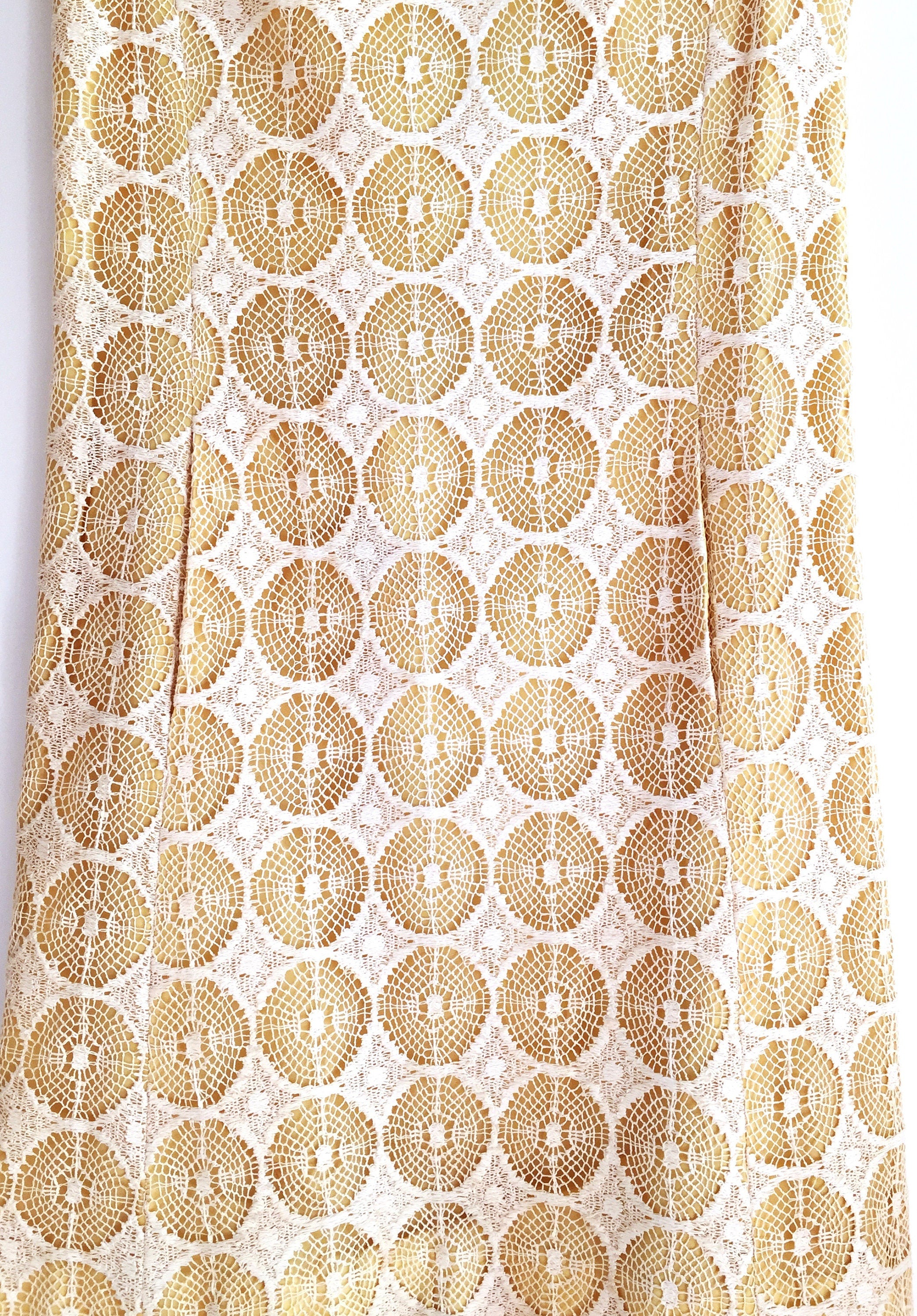 Vintage 1960s Crochet Linen Dress: Mod Yellow Sheath, Pockets, Medium