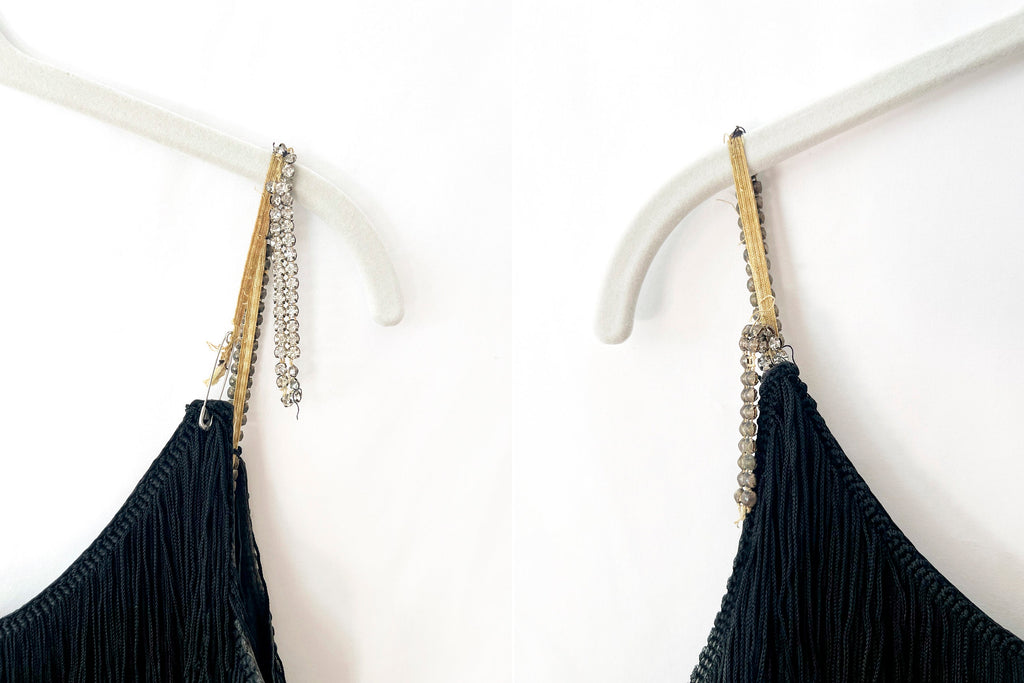 Vintage Black Fringe Dress with Rhinestone Straps - XS/S - Needs Repair