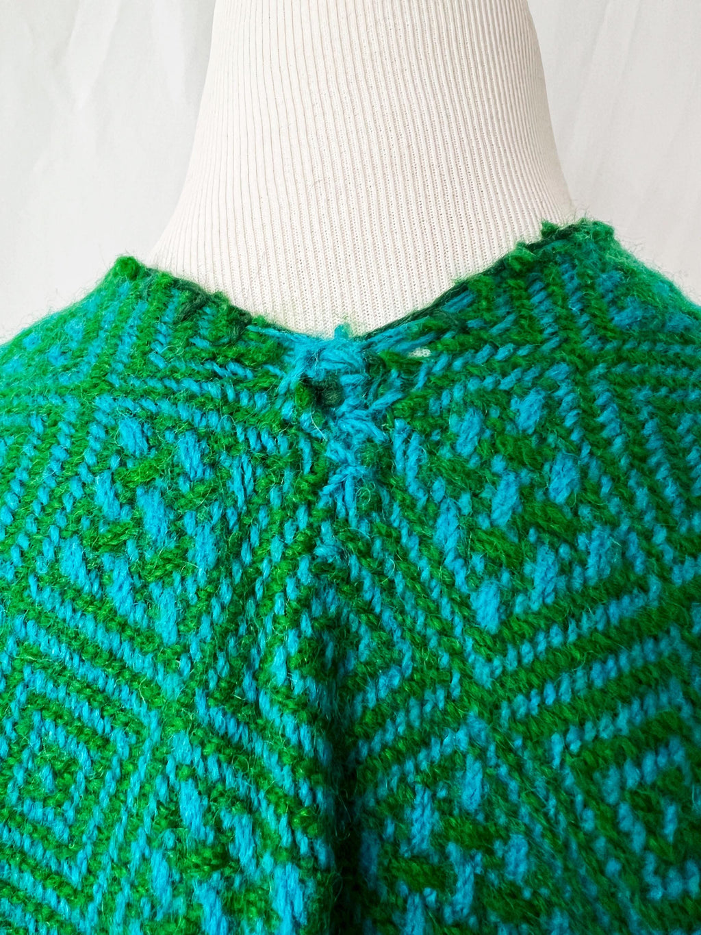 vintage poncho shawl south american woven blue and green abstract pattern