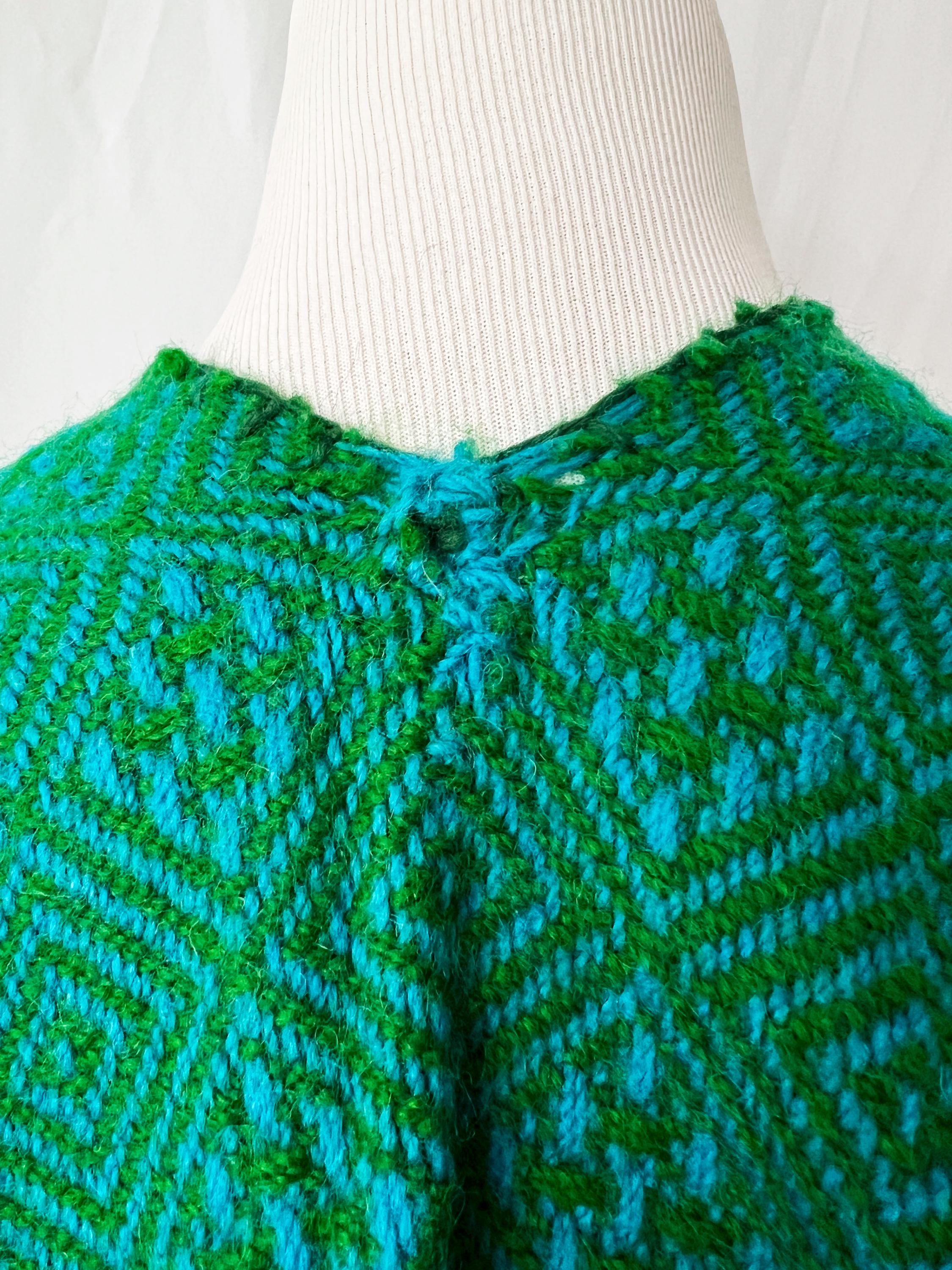 vintage poncho shawl south american woven blue and green abstract pattern