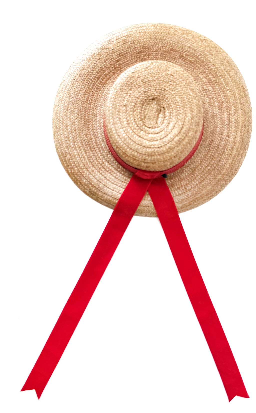 Vintage John Frederics Straw Boater Hat: Wide Brim, Red Velvet Ribbon