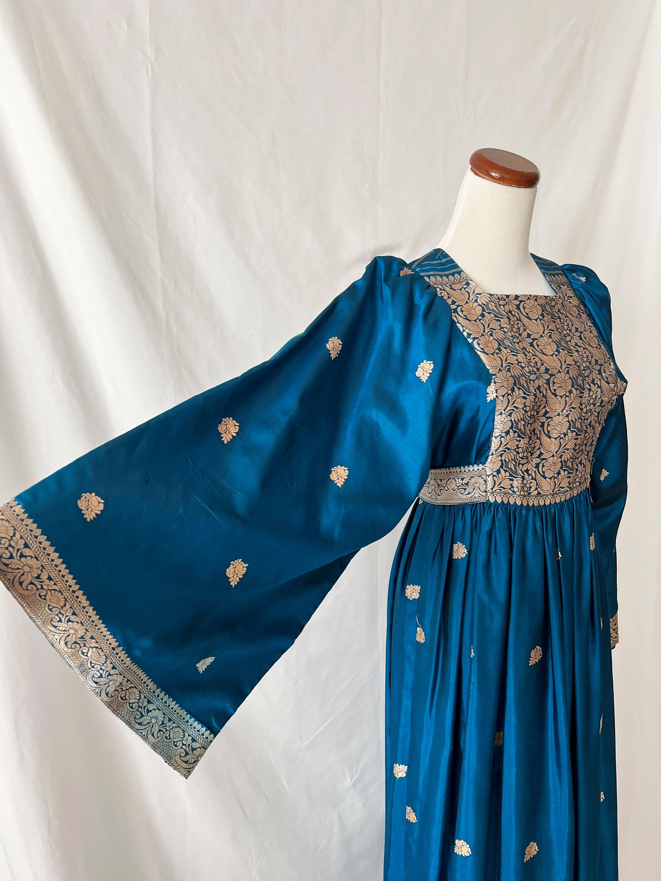 Vintage 70s Silk Gown: Turquoise Blue Embroidered Bell Sleeve Dress