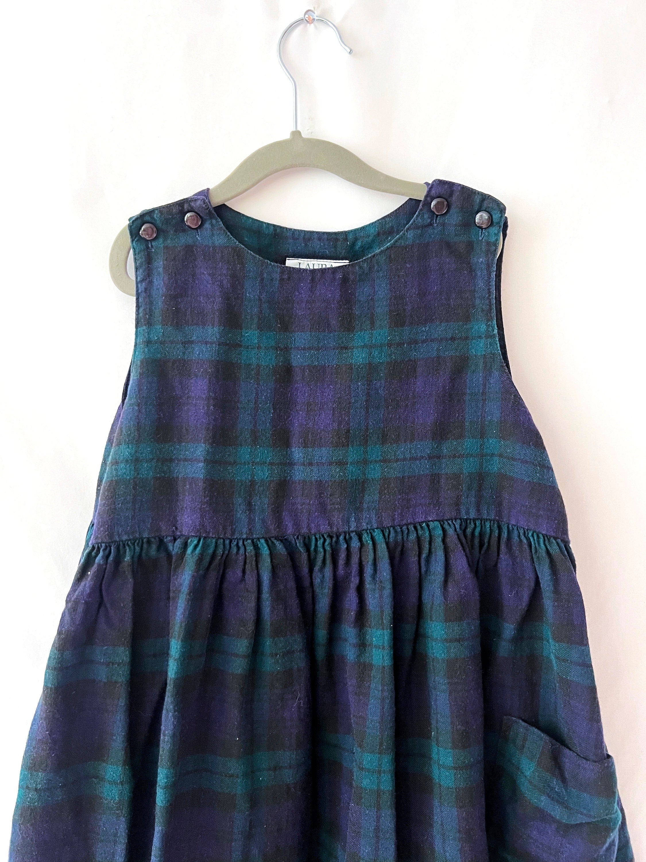 laura ashley dress black watch plaid  flannel dress for girls size 7-8