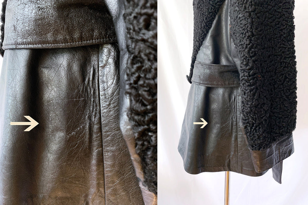 Vintage 70s Black Leather & Lamb Fur Belted Jacket - Small