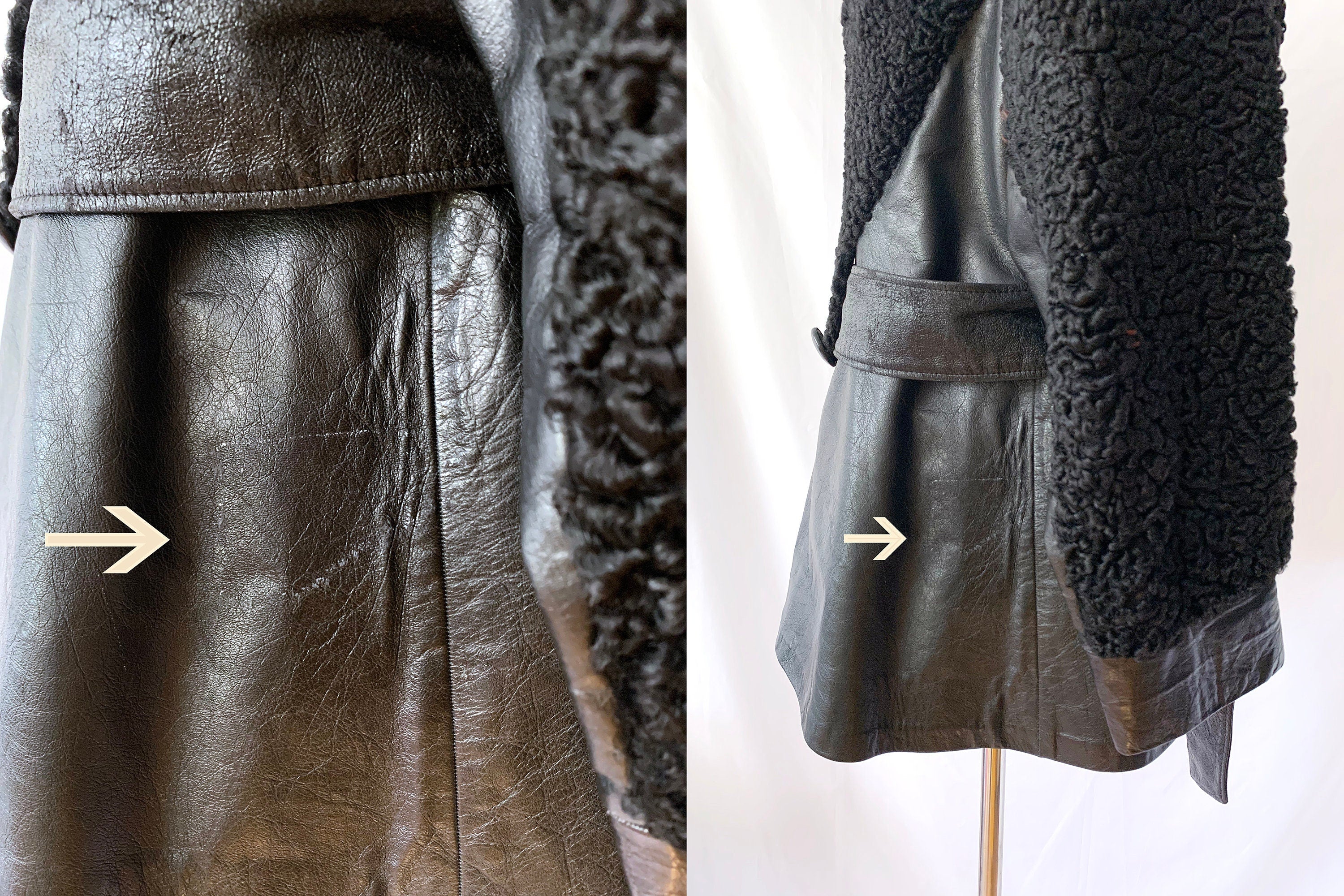 Vintage 70s Black Leather & Lamb Fur Belted Jacket - Small
