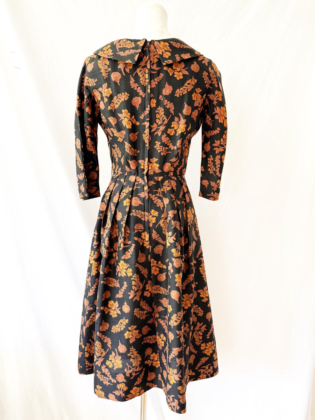 Vintage 1950s Autumn Leaves Silk Midi Dress Small