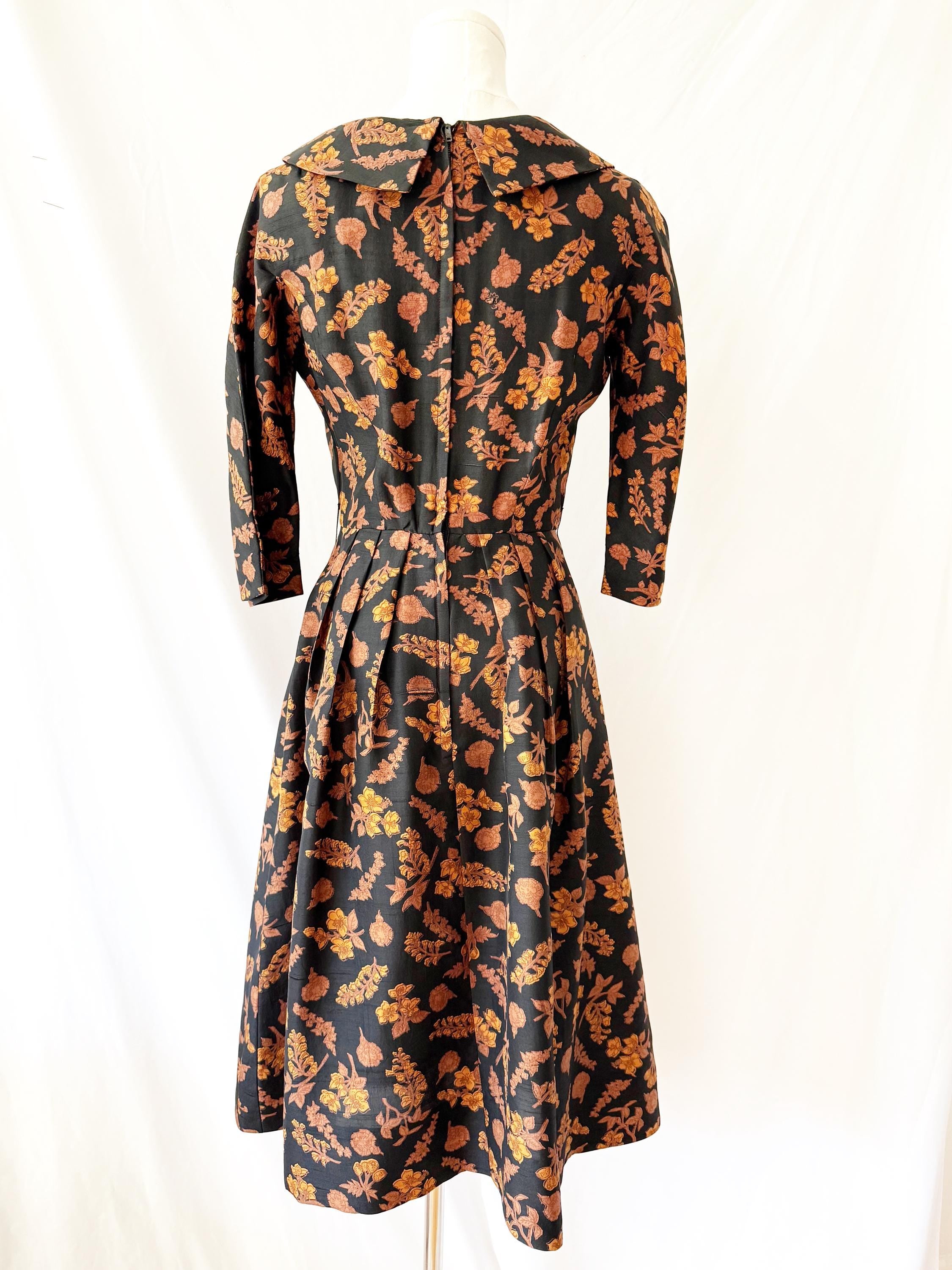 Vintage 1950s Autumn Leaves Silk Midi Dress Small