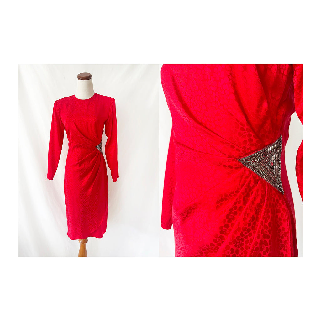 1980s vintage red silk dress with sequin waist argenti small