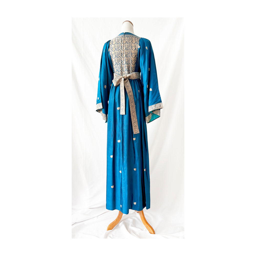 Vintage 70s Silk Gown: Turquoise Blue Embroidered Bell Sleeve Dress