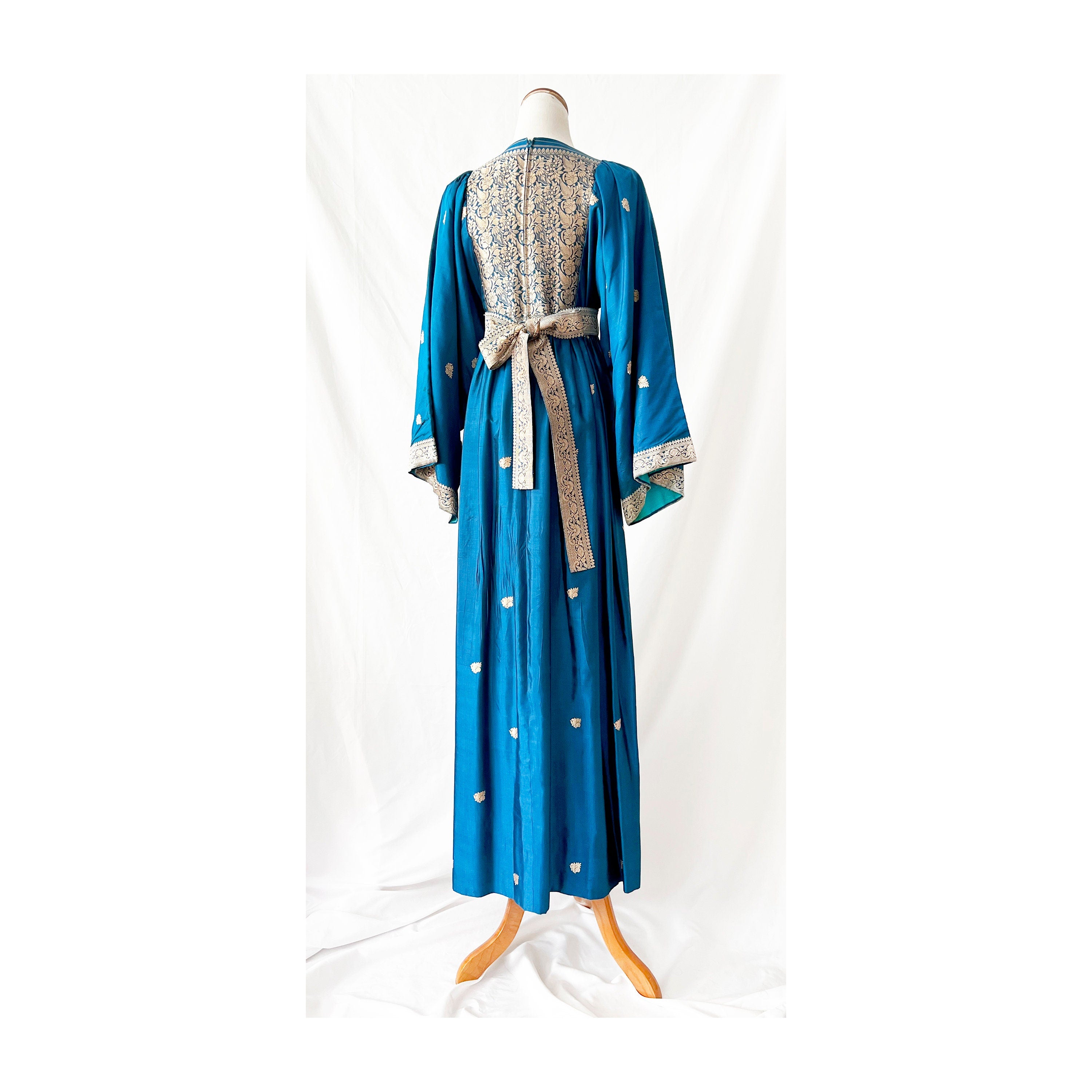 Vintage 70s Silk Gown: Turquoise Blue Embroidered Bell Sleeve Dress
