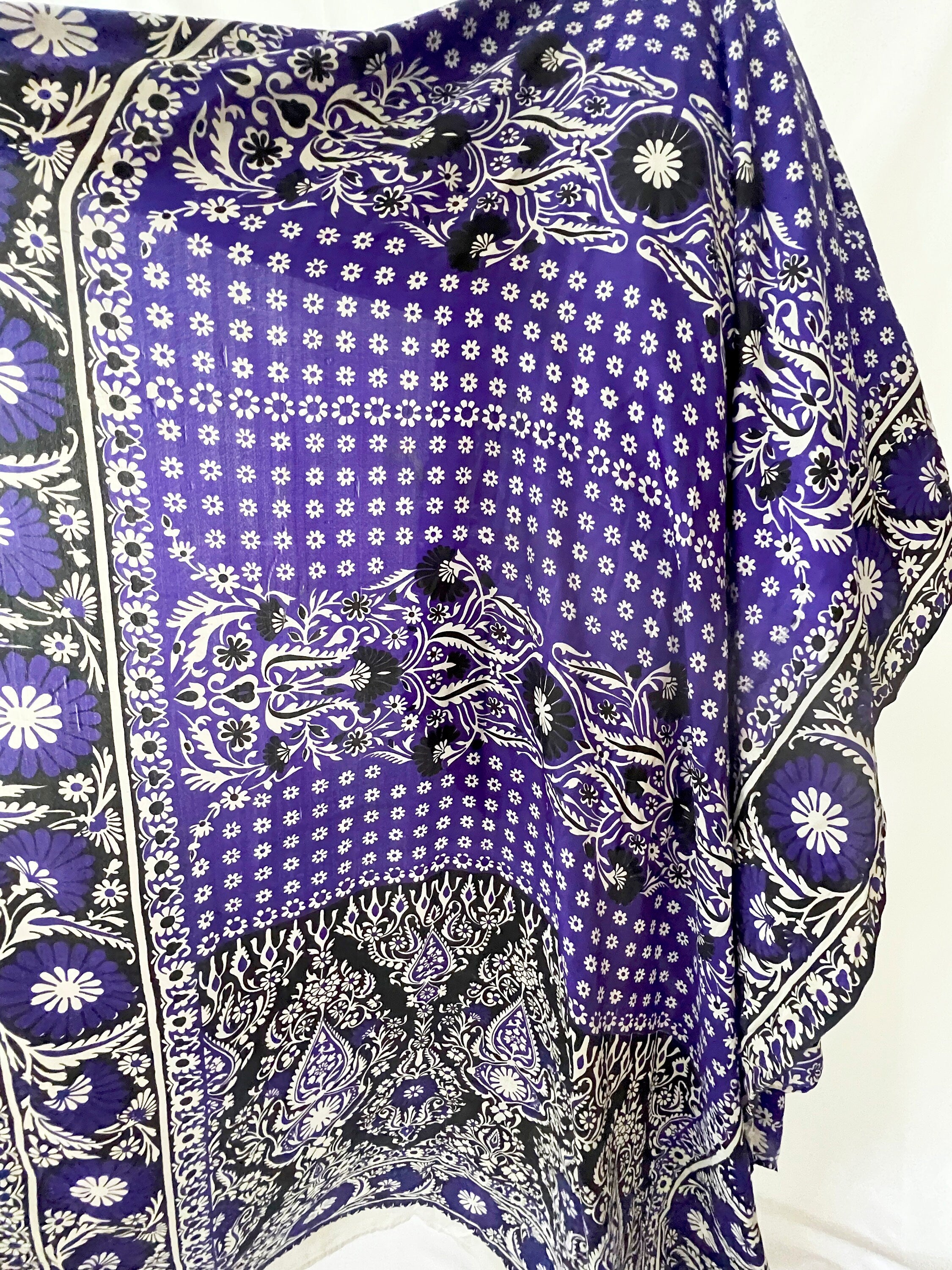 6 yards vintage silk fabric yardage made in india / indigo blue black and white