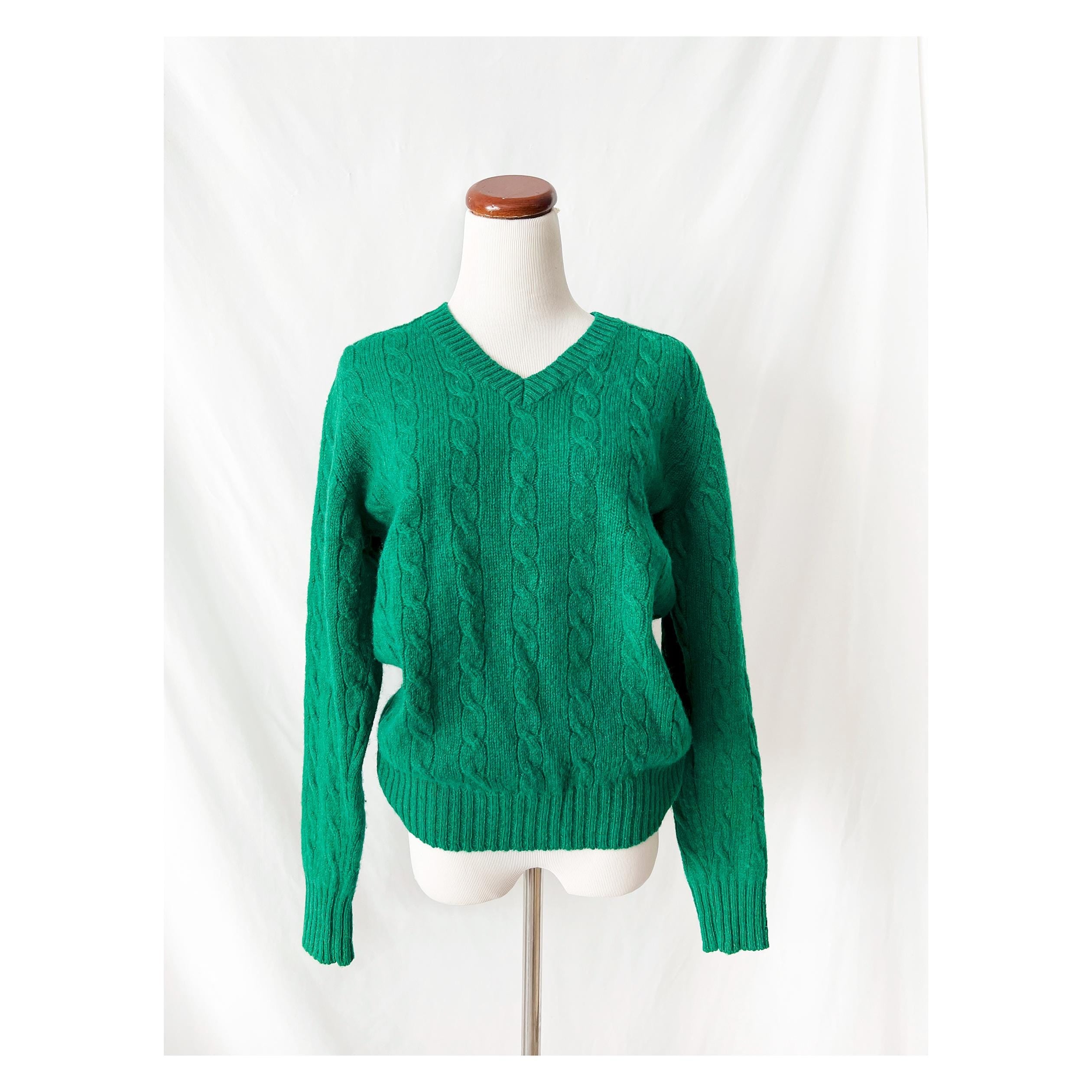 vintage cable knit sweater / emerald green shetland wool sweater / braemer international / medium