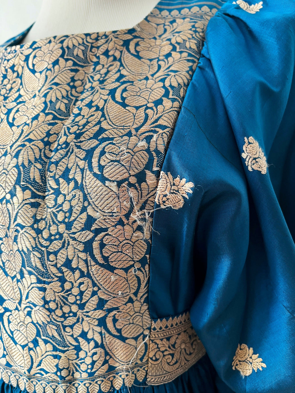 Vintage 70s Silk Gown: Turquoise Blue Embroidered Bell Sleeve Dress