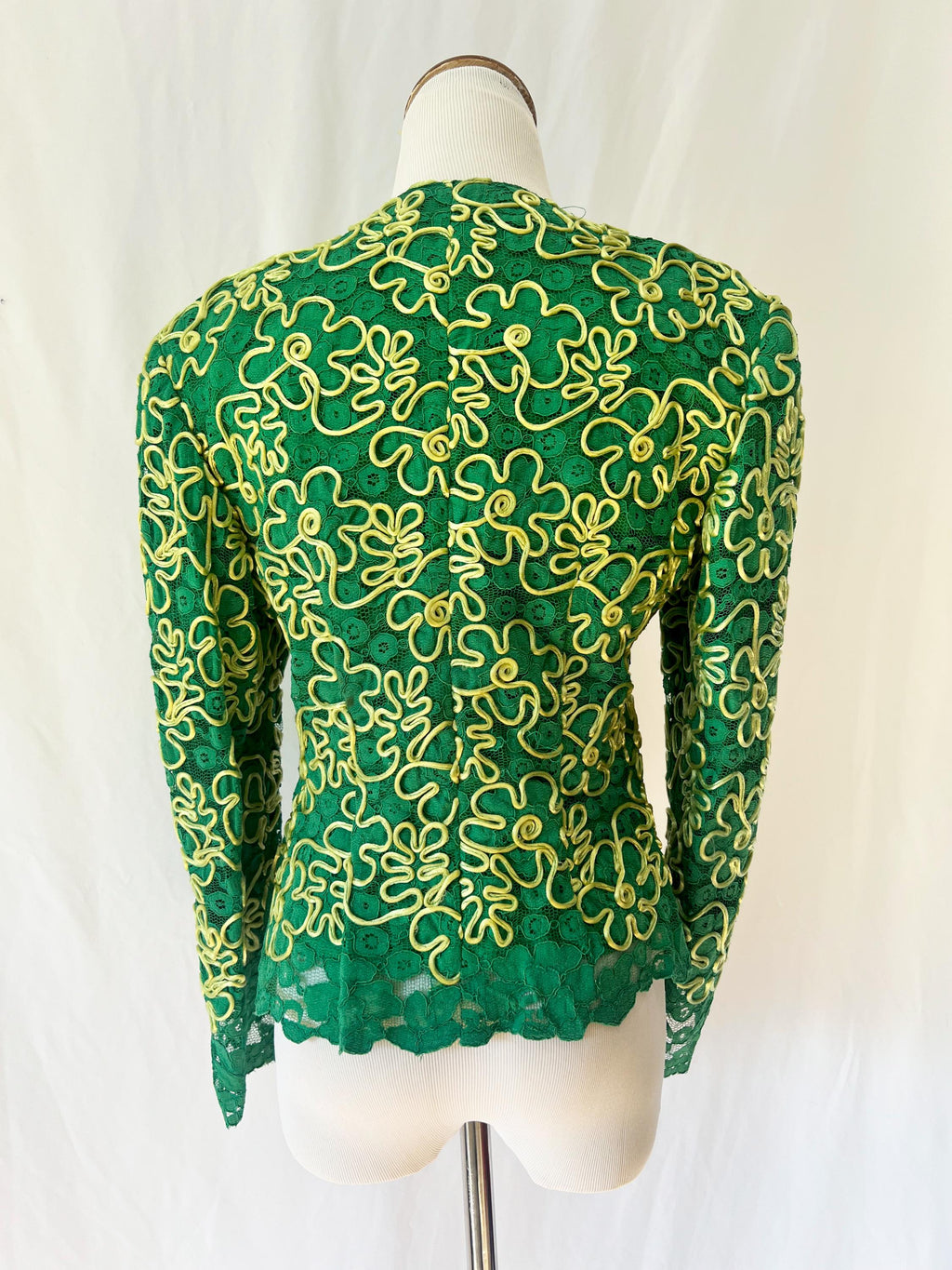 1970s Italian couture green and yellow lace jacket with rhinestone buttons small