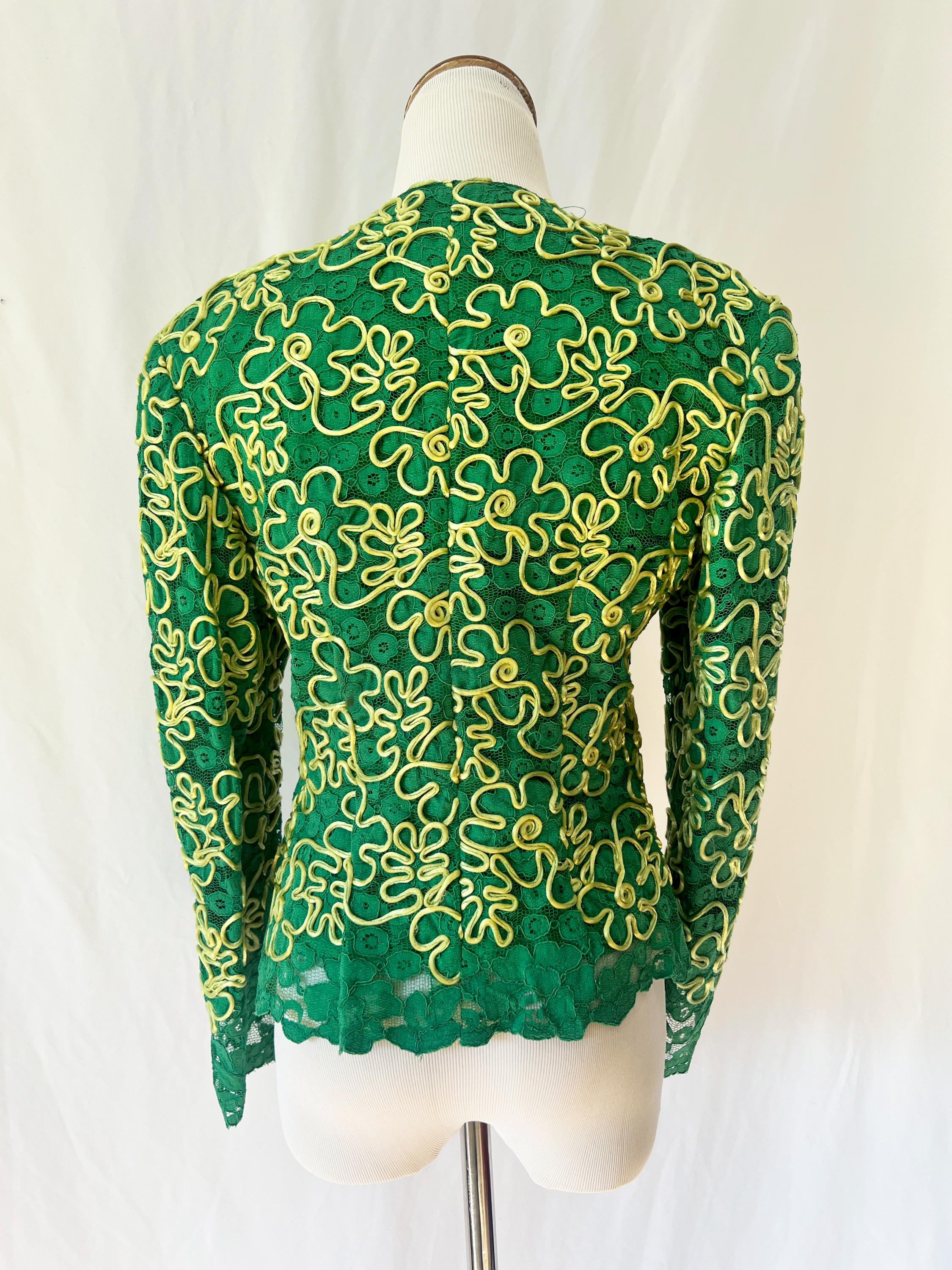 1970s Italian couture green and yellow lace jacket with rhinestone buttons small