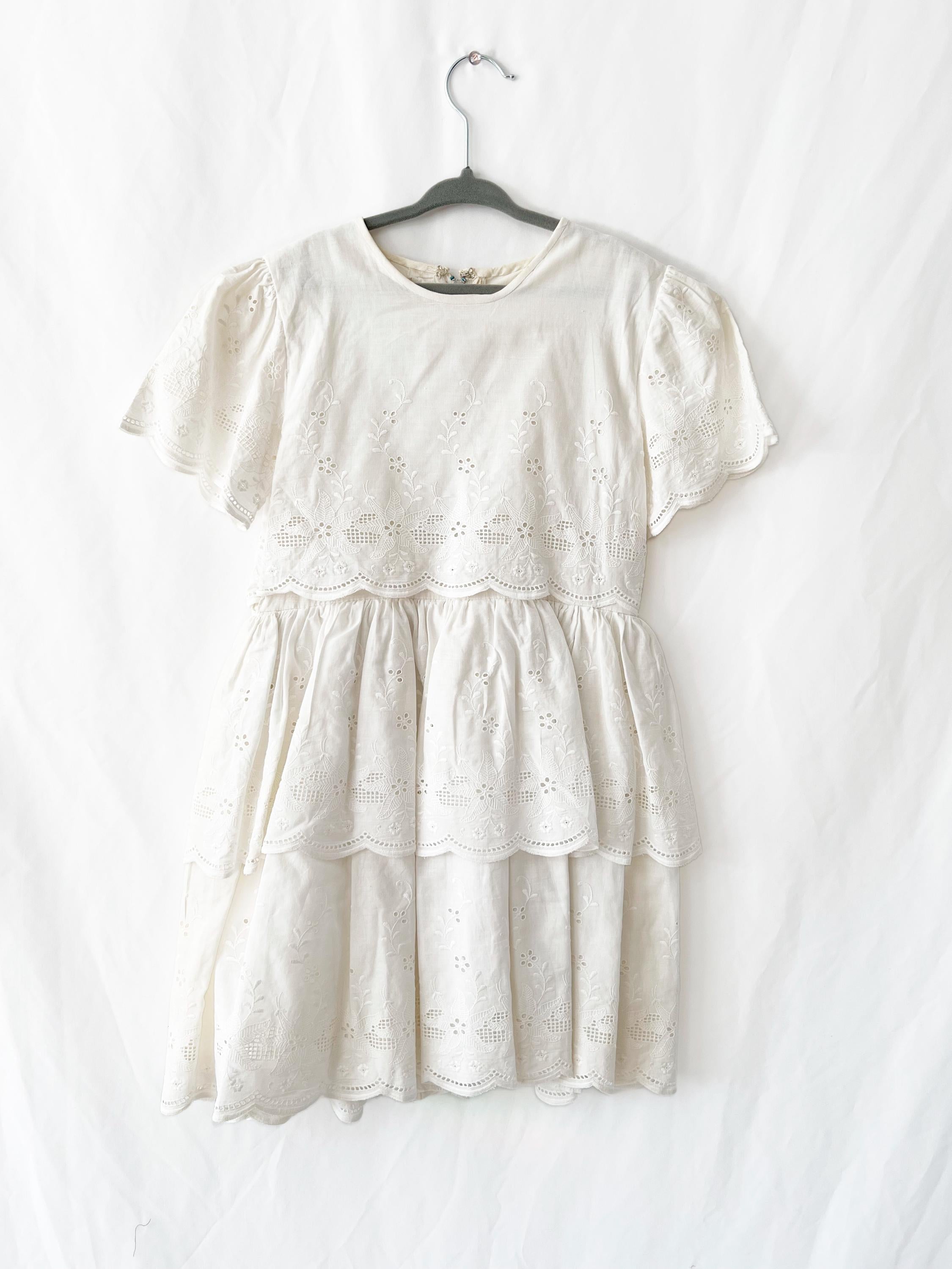 Vintage Floral Eyelet Pinafore Dress: Handmade Cotton Apron, Girls Size 4/5