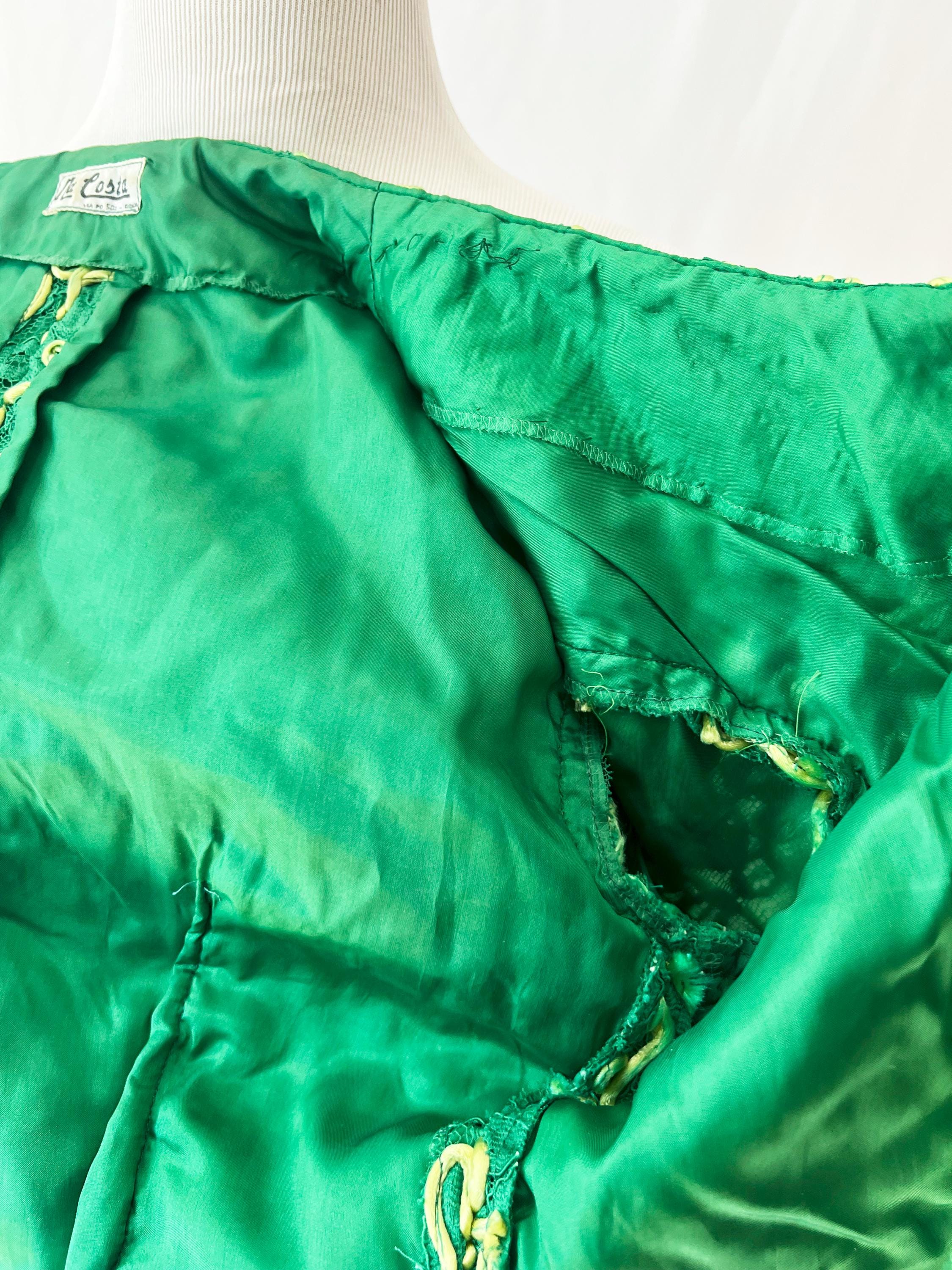 1970s Italian couture green and yellow lace jacket with rhinestone buttons small